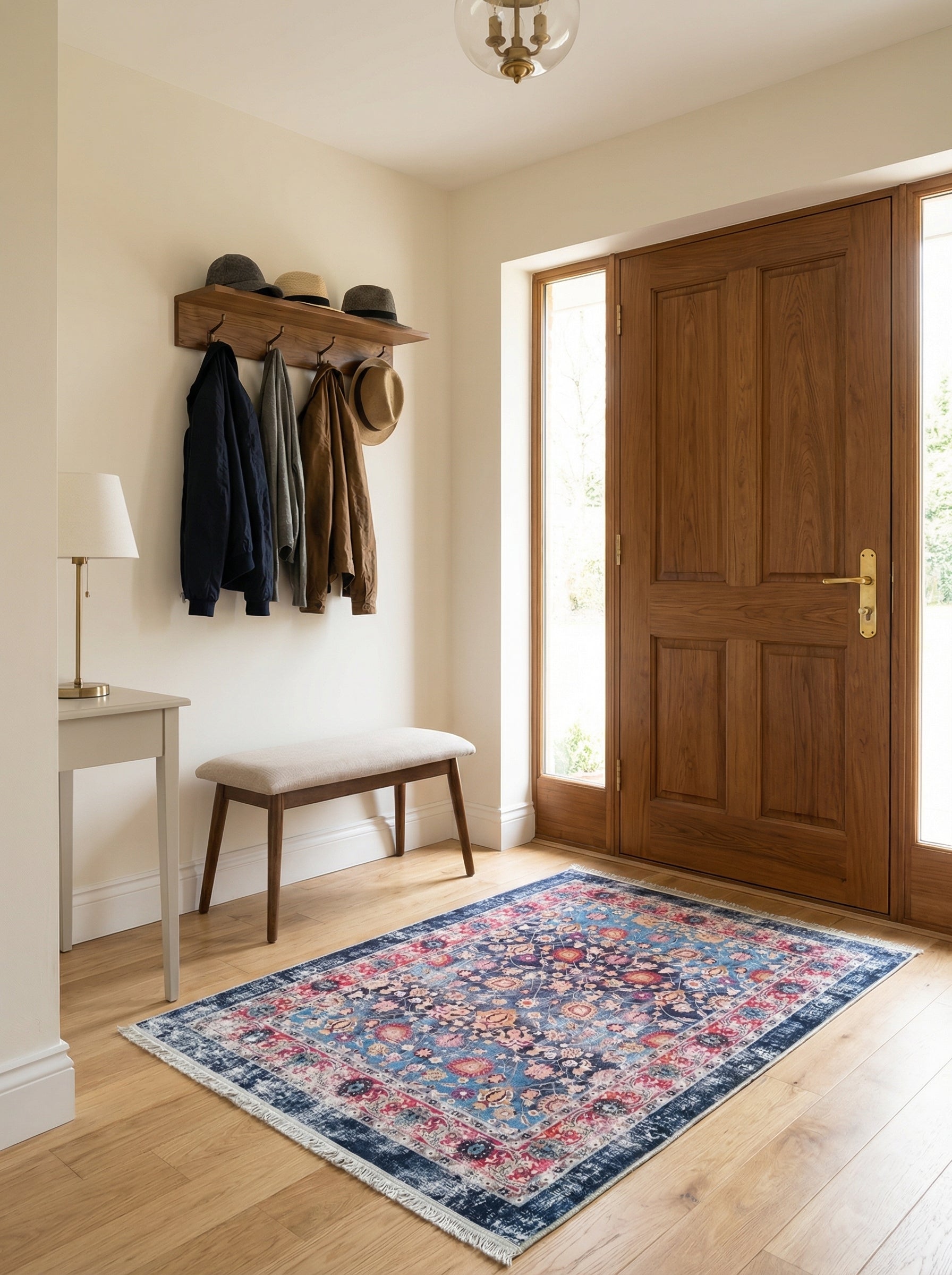 Tapis rectangulaire aux motifs floraux orientaux bleu, rose et rouge, avec un effet vieilli et des franges, posé sur un parquet clair dans une entrée