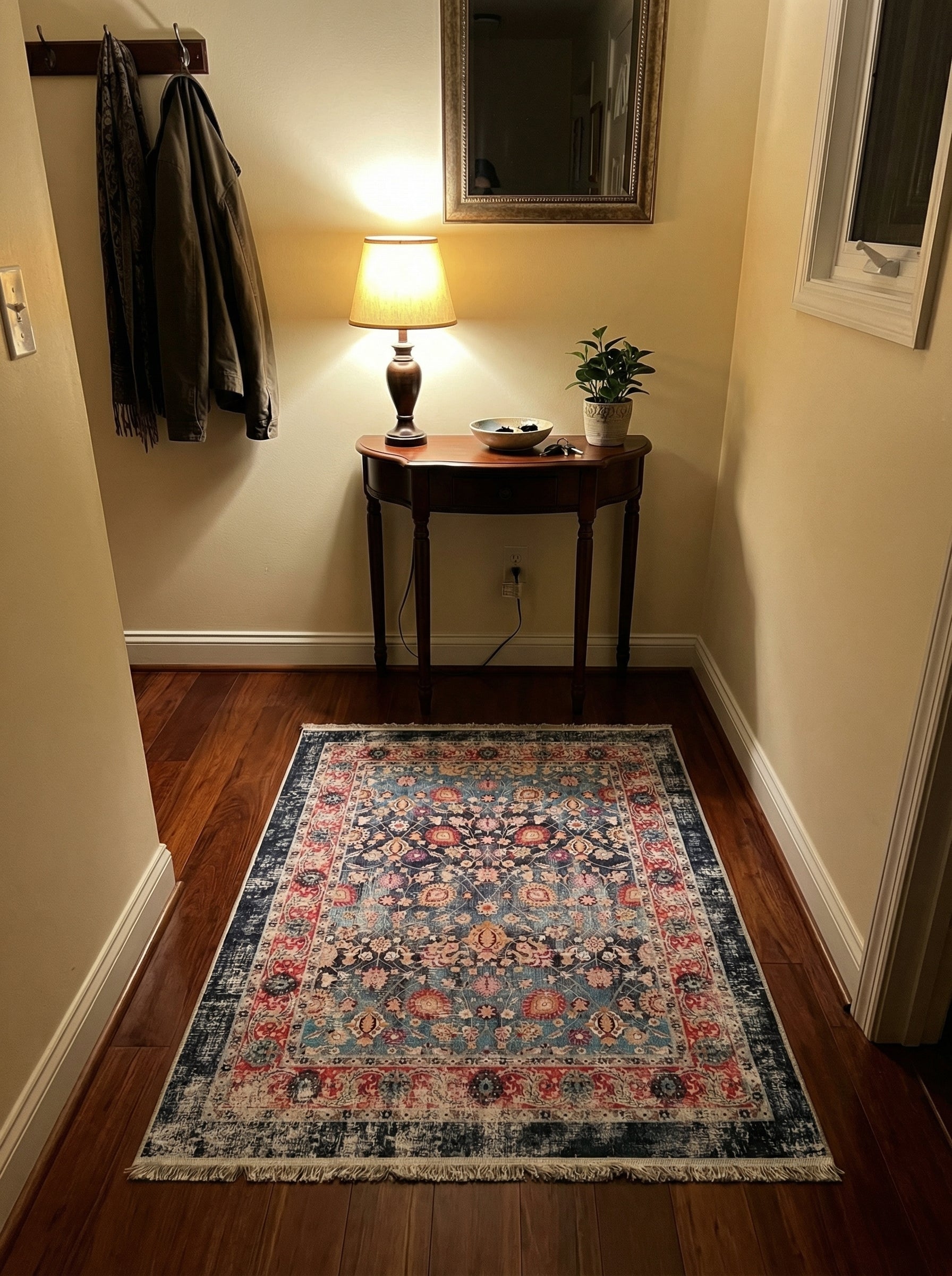 Tapis rectangulaire aux motifs floraux orientaux bleu canard, rouge et crème, avec franges, posé sur un parquet en bois foncé dans un couloir