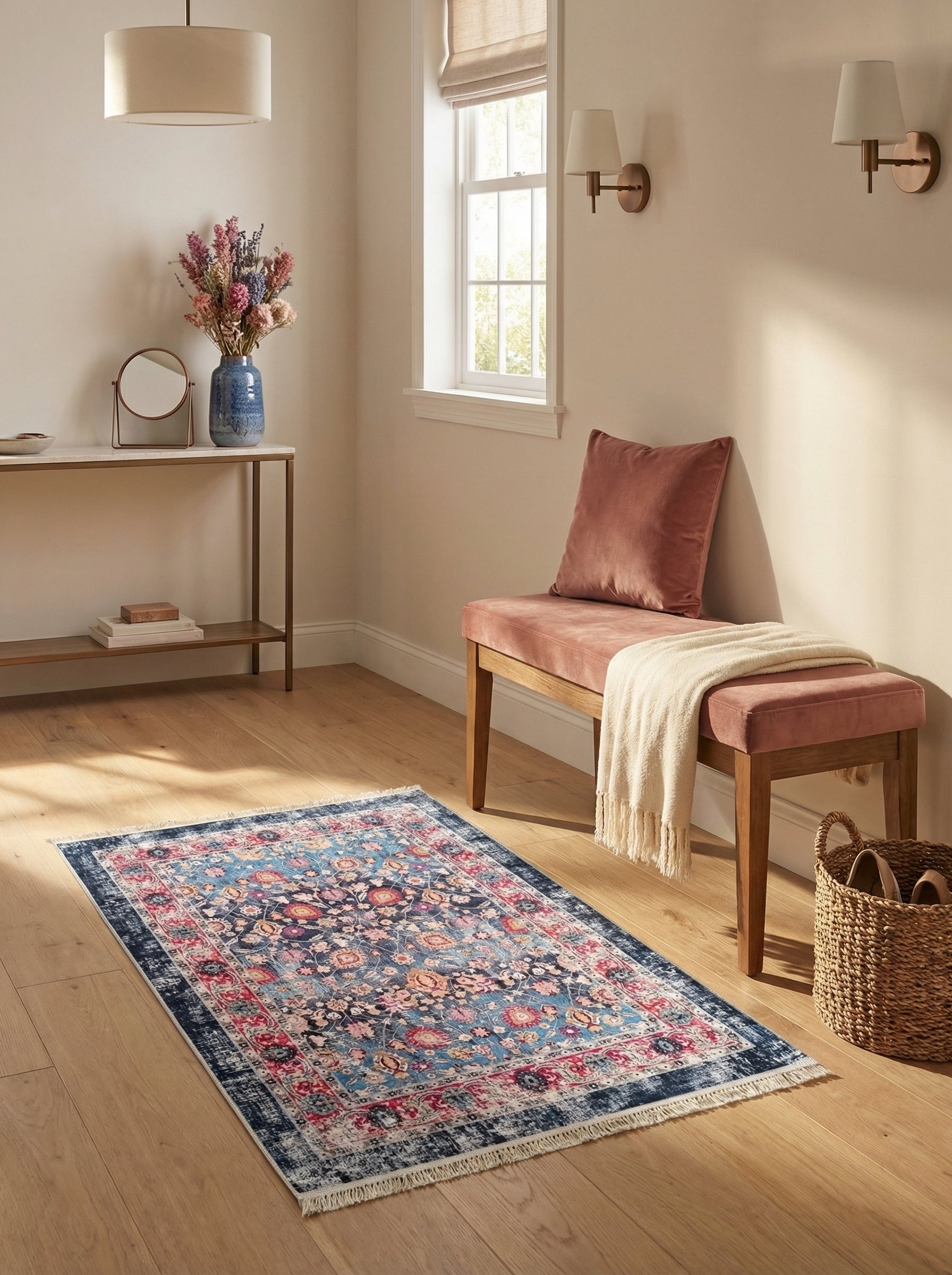 Tapis rectangulaire vintage bleu marine, turquoise et rose aux motifs floraux, avec franges, sur un parquet clair dans une entrée