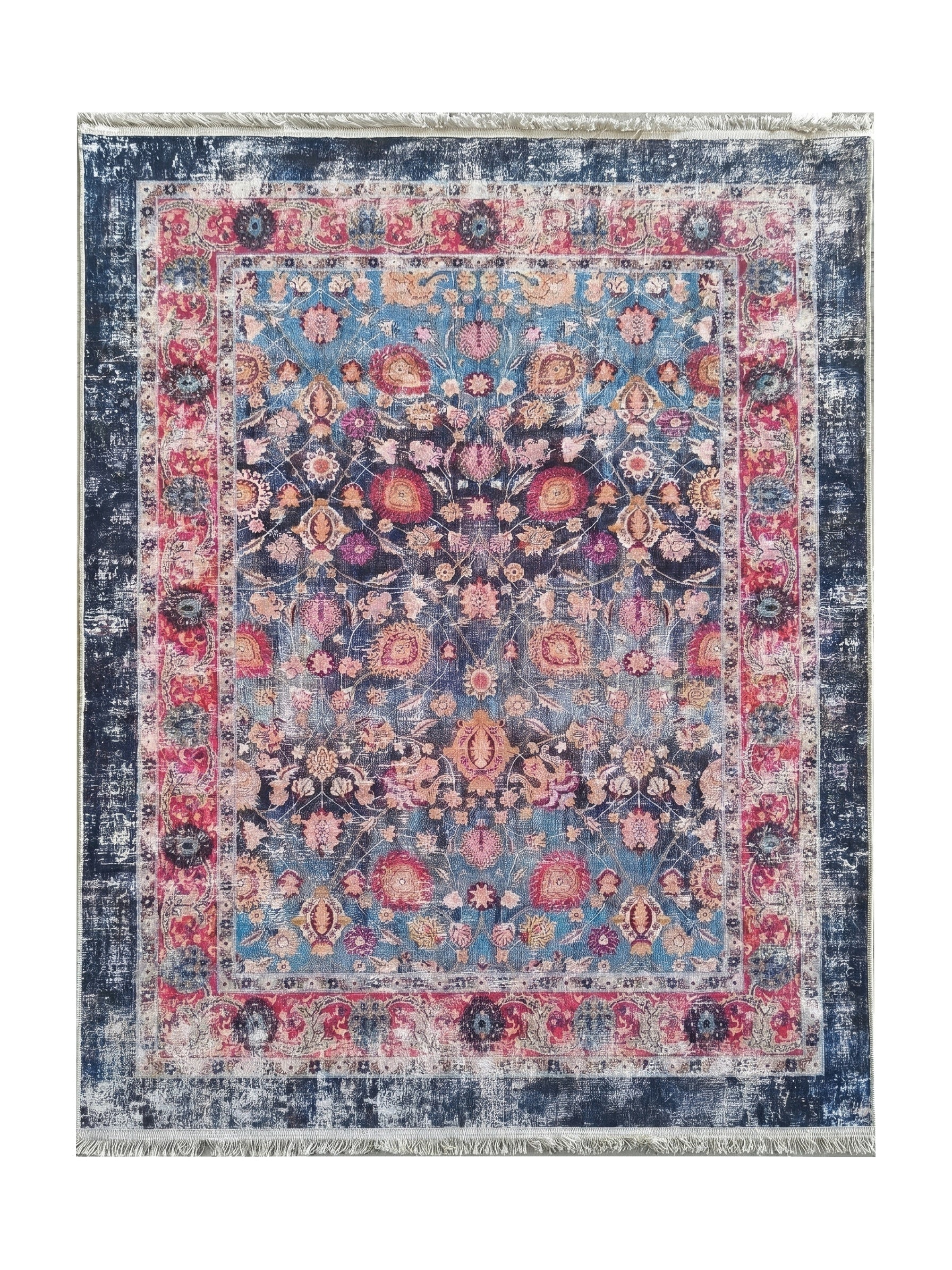 Tapis rectangulaire à motifs floraux et médaillons bleus, roses, et rouges avec un effet vieilli et des franges