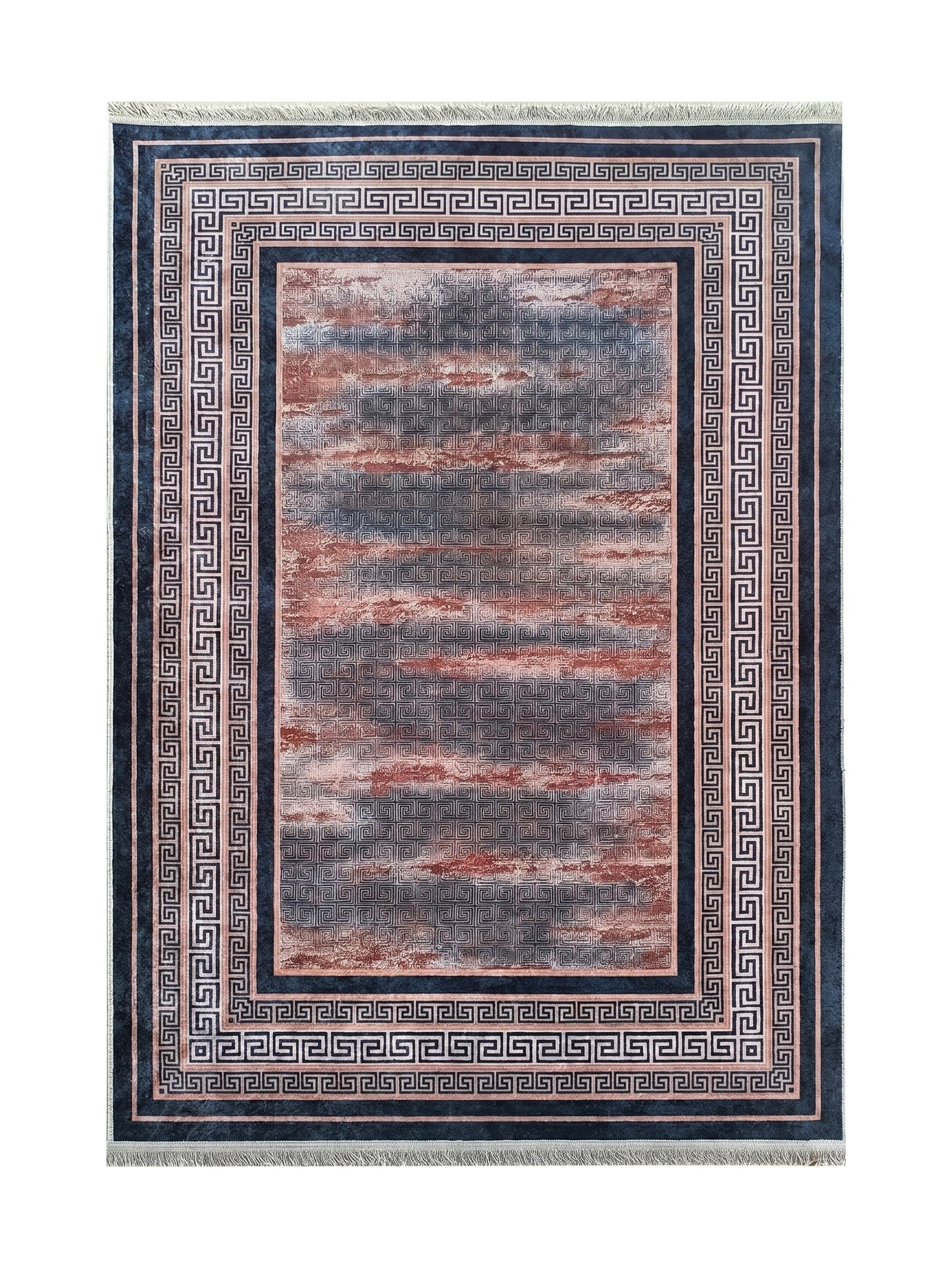 Tapis rectangulaire à bordure bleu foncé avec motif de méandre blanc, et centre abstrait gris et terracotta. Franges claires