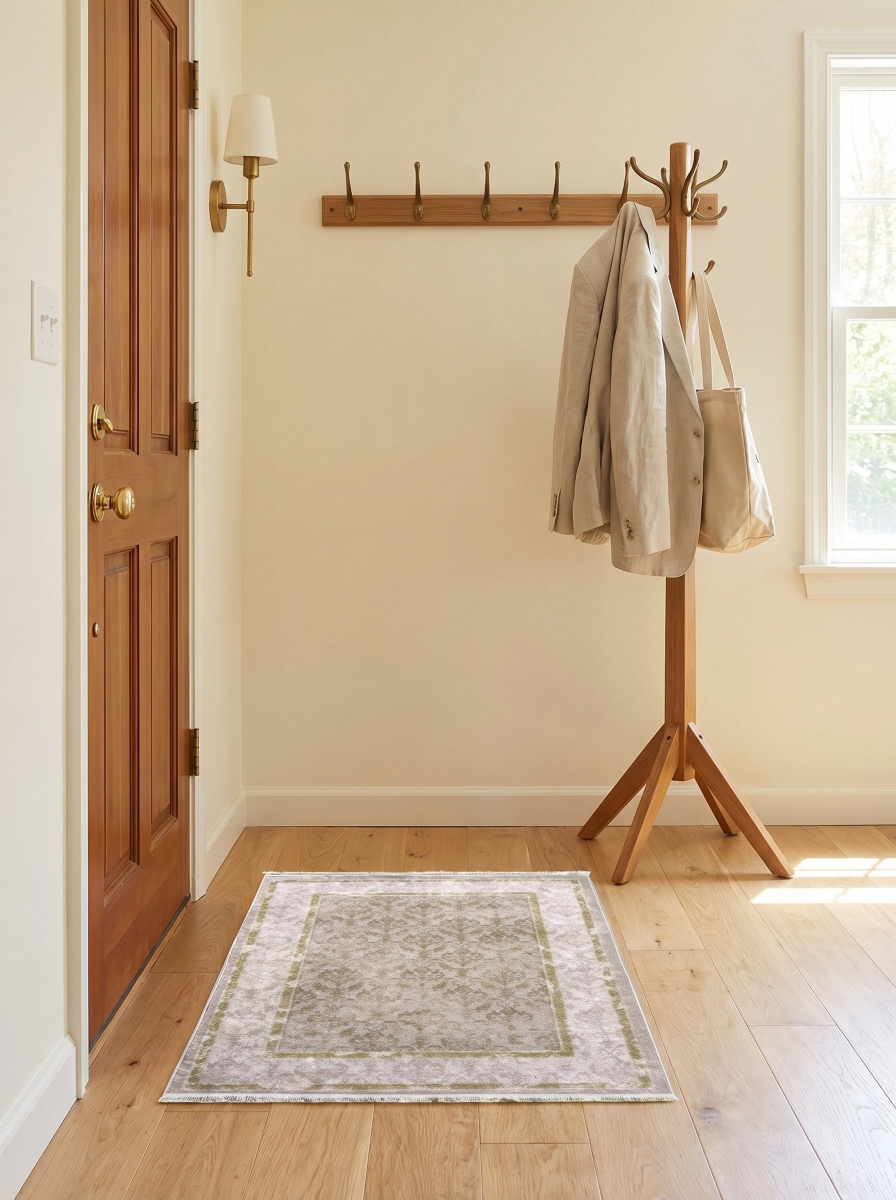 Tapis rectangulaire gris-beige aux motifs floraux délavés et bordure vert olive, sur un parquet clair dans une entrée