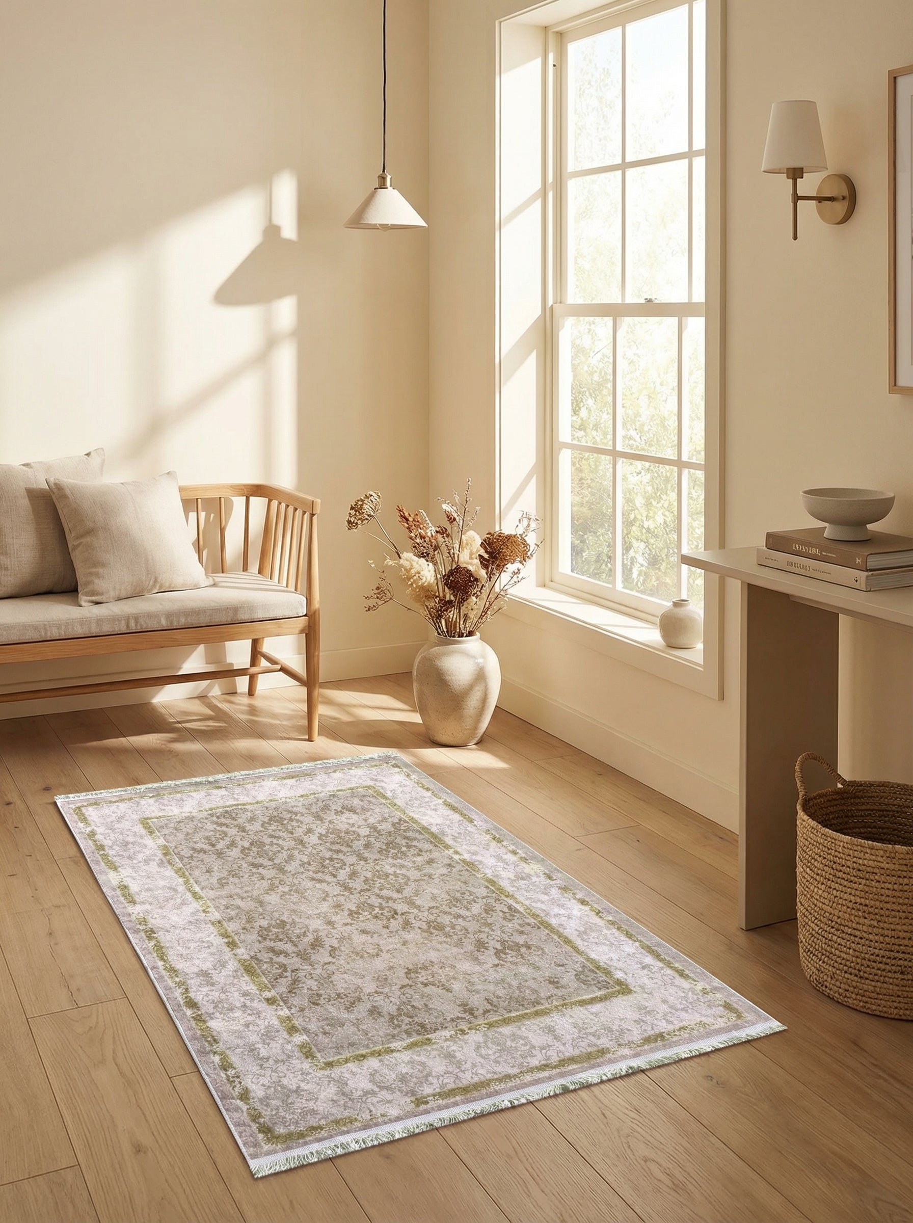 Tapis rectangulaire beige clair à motifs floraux dorés et bordures vert olive, posé sur un parquet dans un salon lumineux