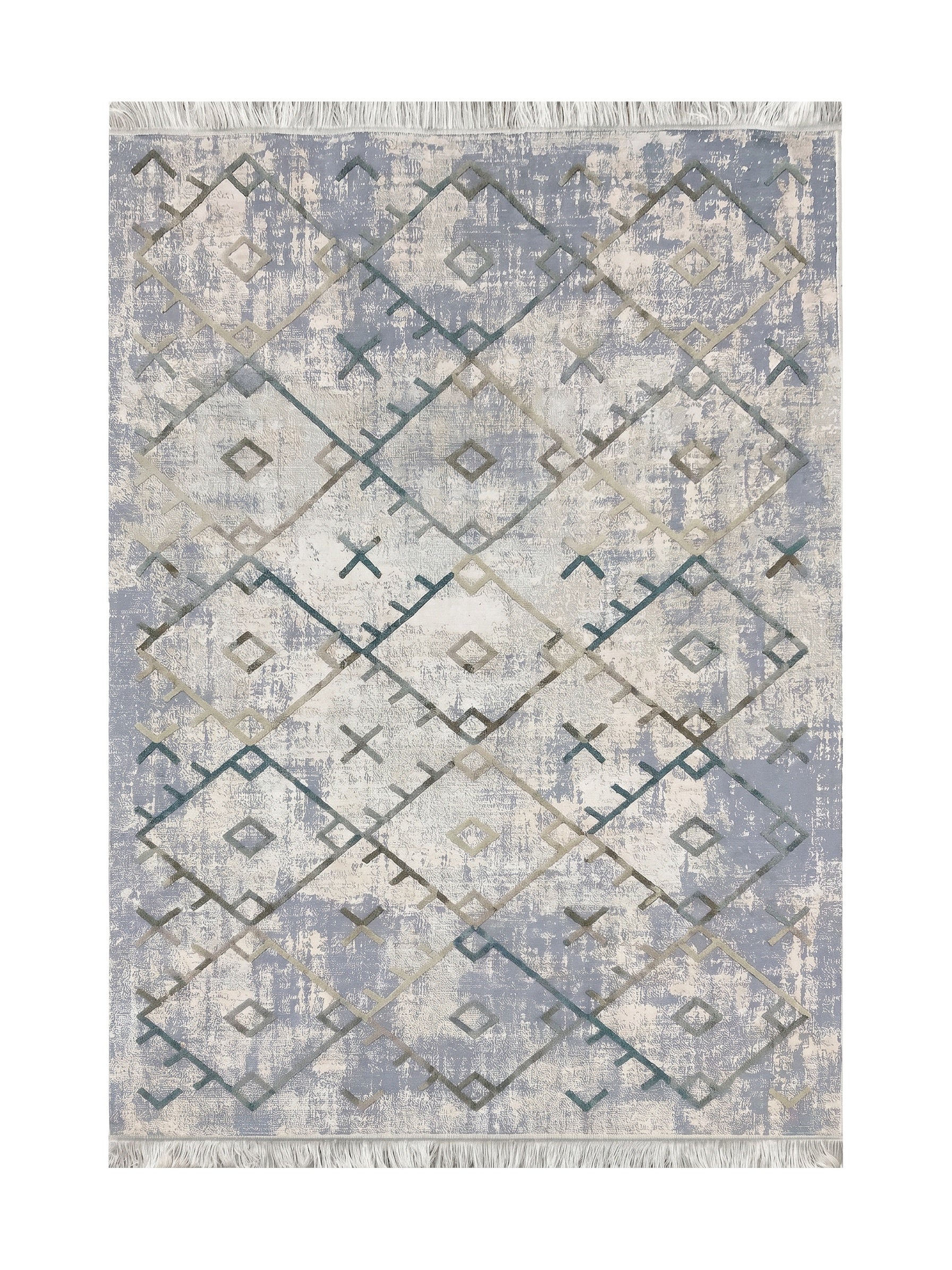 Tapis gris-bleu et blanc cassé à motif géométrique abstrait délavé de losanges et de croix, rehaussé de lignes vert, beige et gris et agrémenté de franges