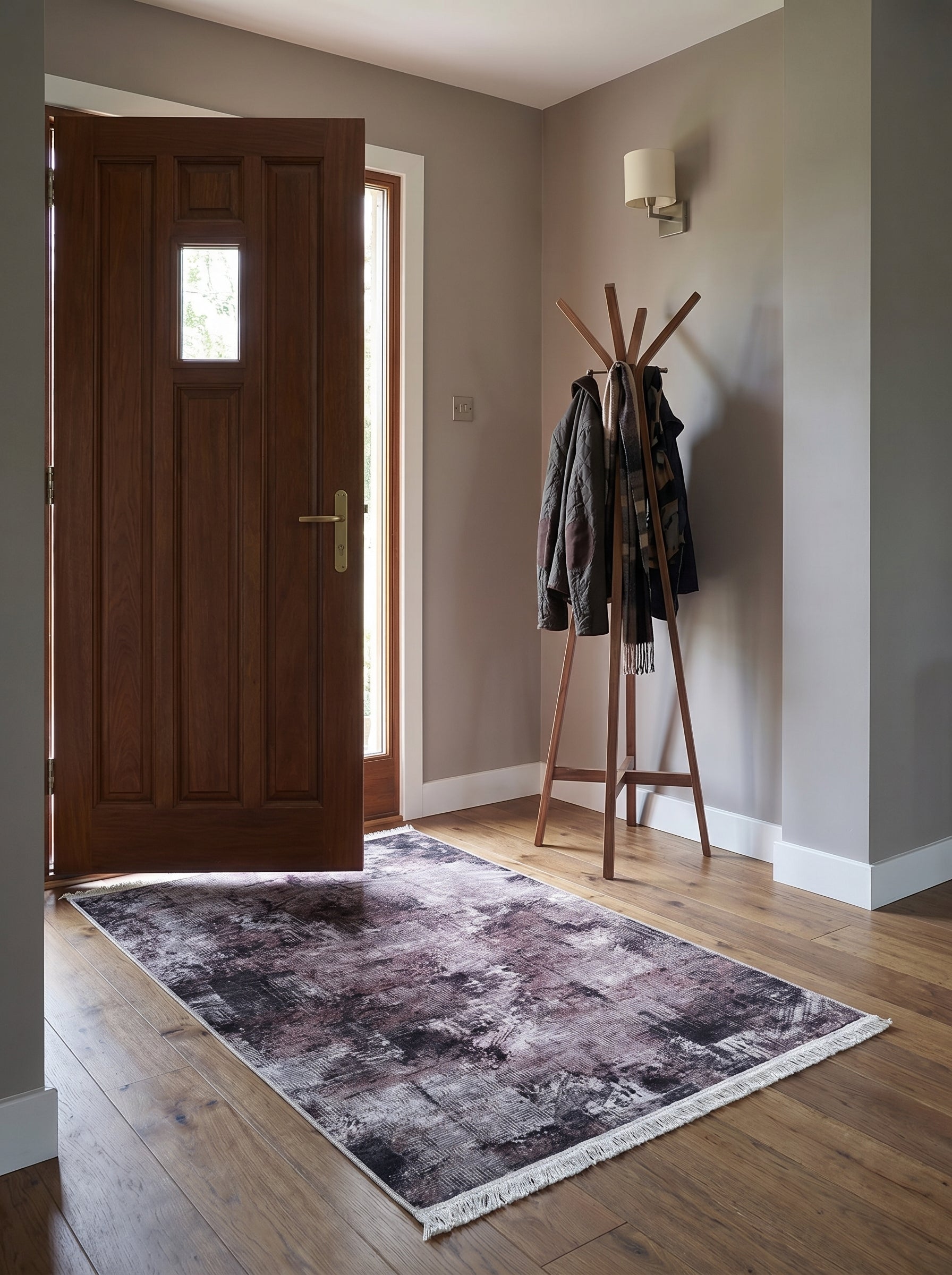 Tapis rectangulaire aux motifs abstraits gris, blancs et violets avec franges, posé sur un parquet dans une entrée