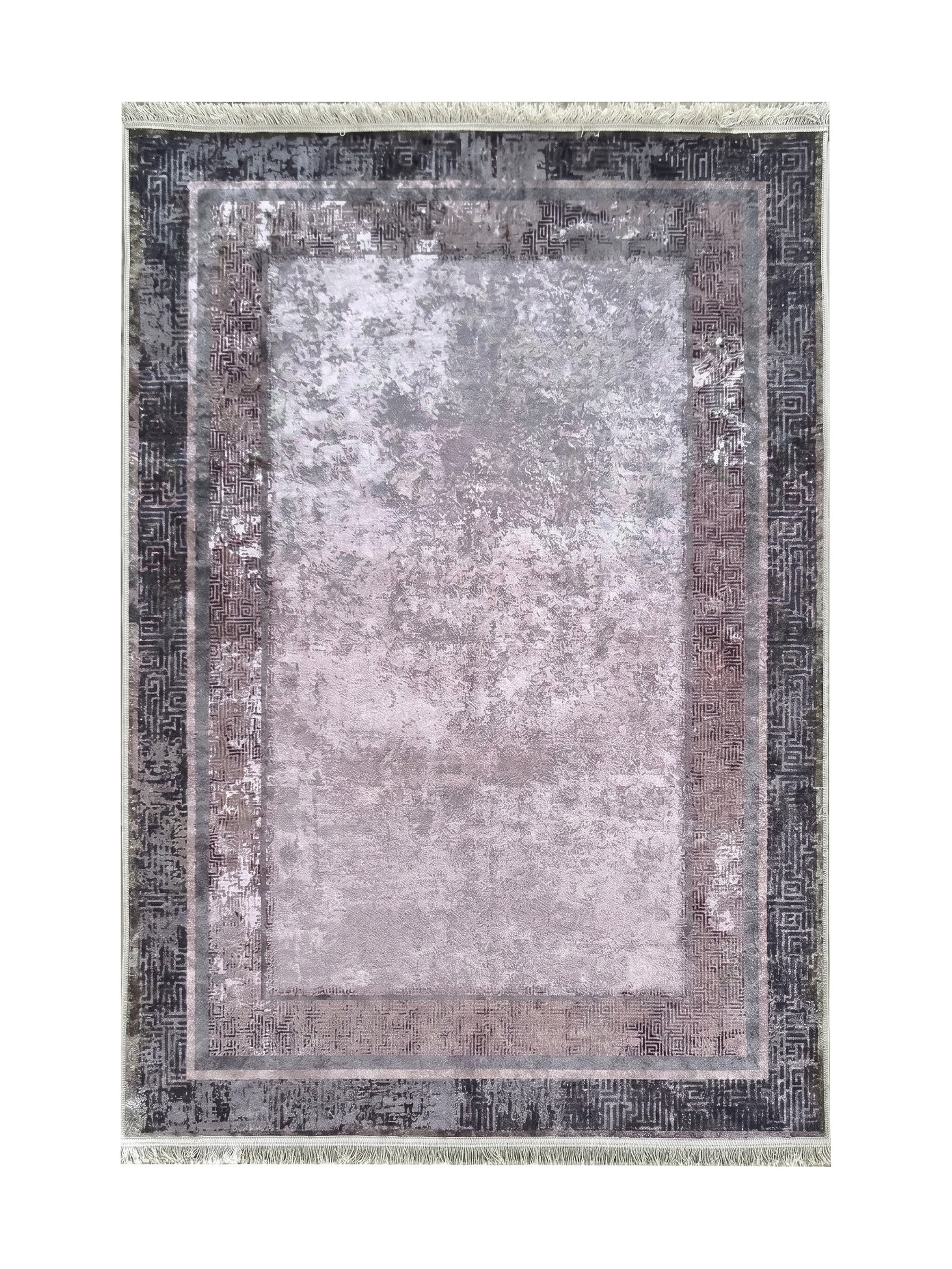 Tapis rectangulaire gris et rose poudré, au motif abstrait central et bordures géométriques foncées, avec franges