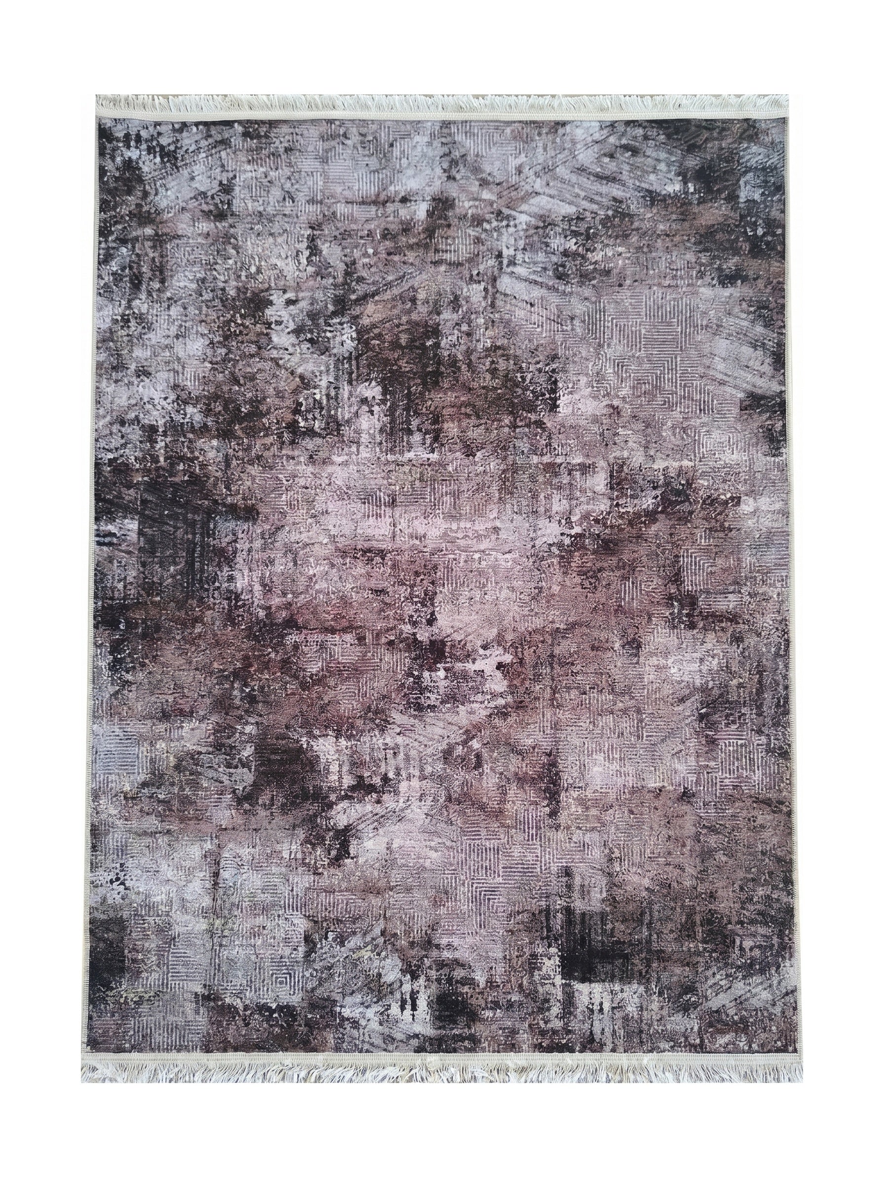Tapis rectangulaire à motifs abstraits et géométriques délavés dans des nuances de marron rosé, gris et blanc, avec des franges