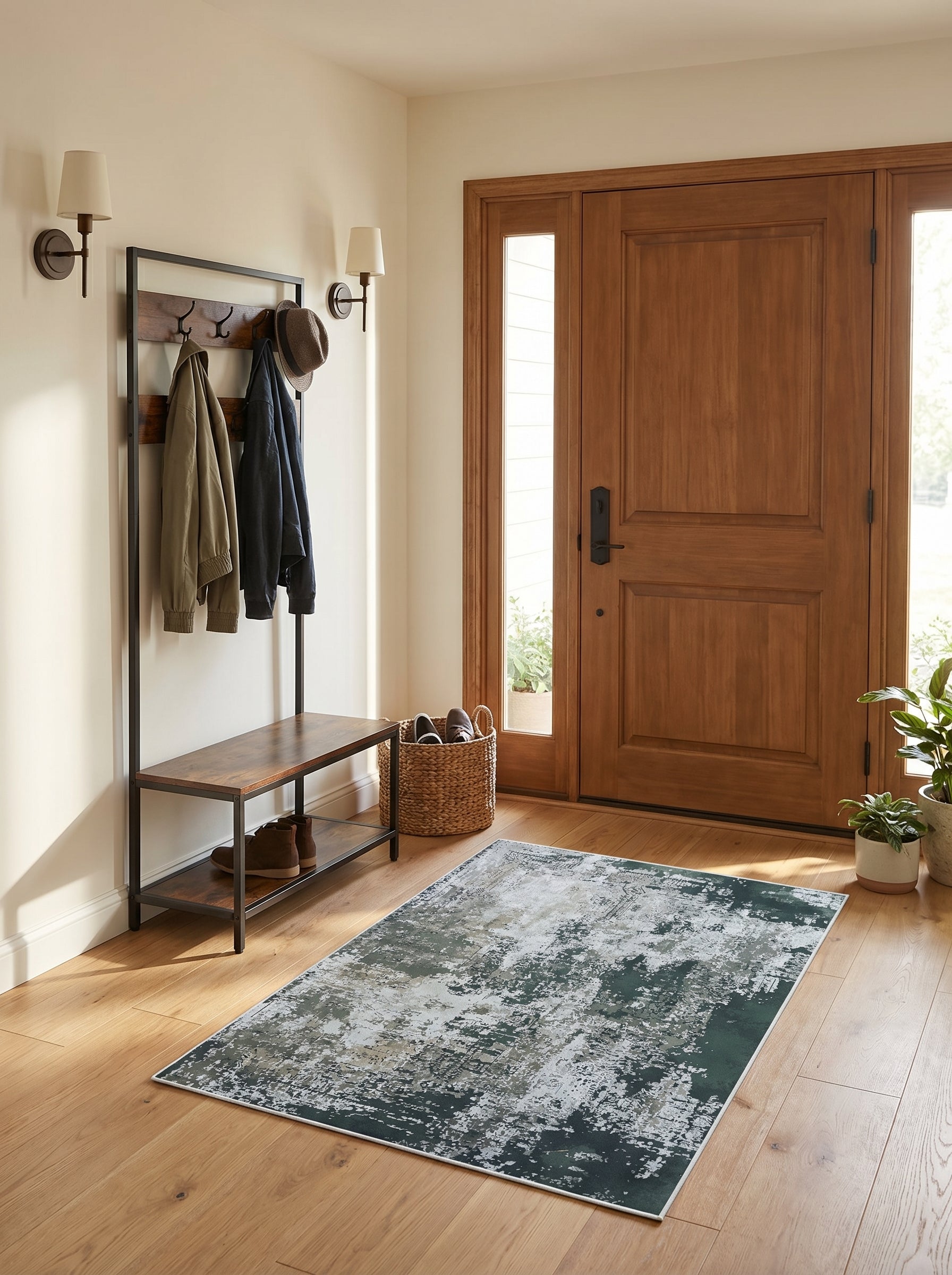 Tapis rectangulaire aux motifs abstraits et patinés vert foncé, gris clair et beige sur un parquet dans une entrée lumineuse