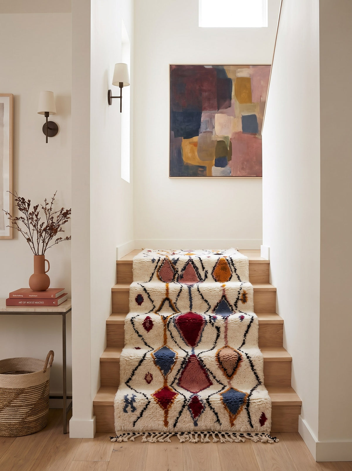 Tapis d'escalier berbère à losanges blanc multicolore Anaruz sur un troisième escalier, noué main au Maroc