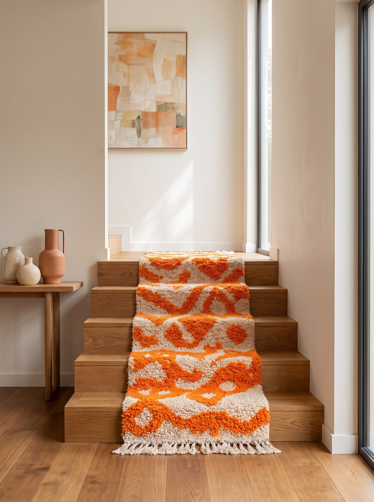 Tapis d'escalier berbère à motifs orange et blanc Nazrila sur un autre escalier, noué main au Maroc
