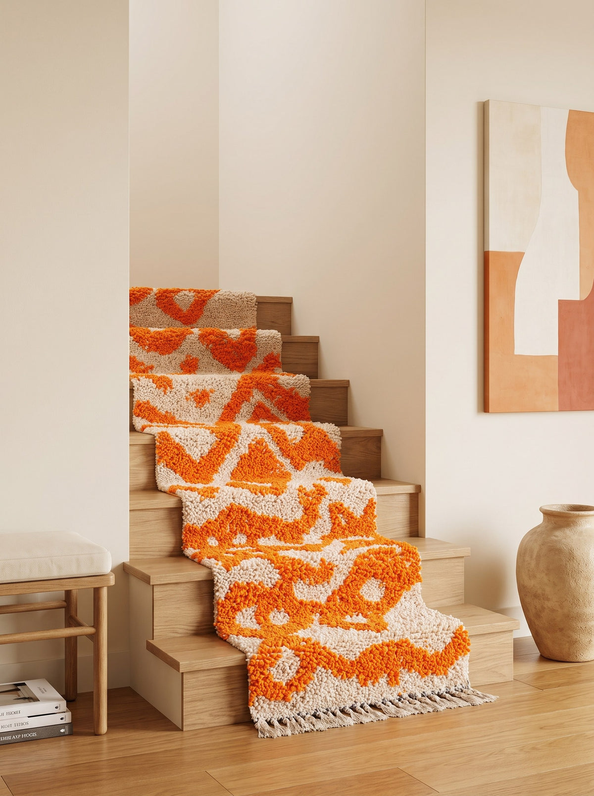 Tapis d'escalier berbère à motifs orange et blanc Nazrila sur un troisième escalier, noué main au Maroc
