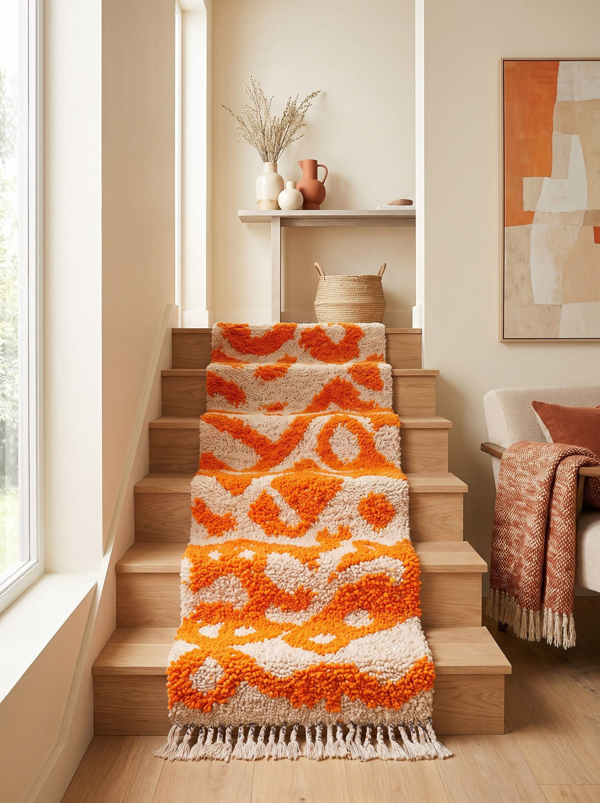 Tapis d'escalier berbère à motifs orange et blanc Nazrila sur un escalier, noué main au Maroc
