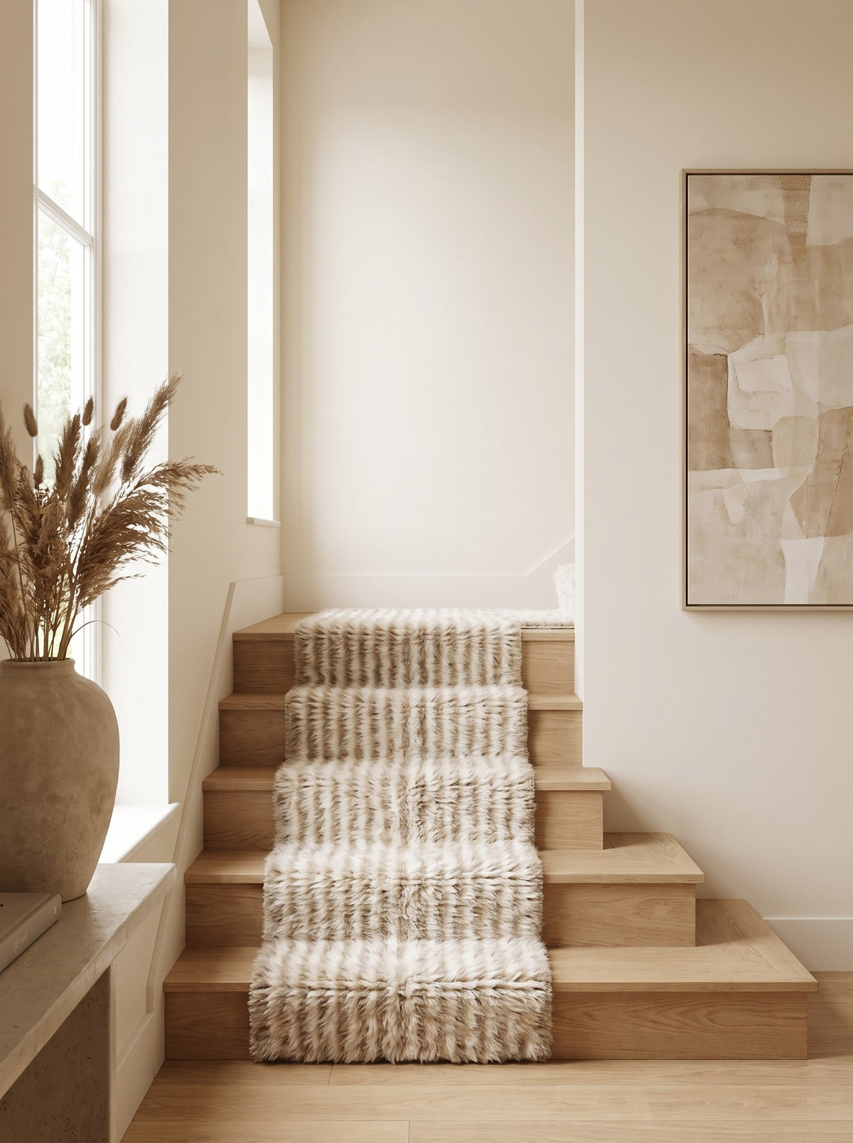 Tapis d'escalier berbère à rayures beige et blanc Tamri sur un troisième escalier, noué main au Maroc