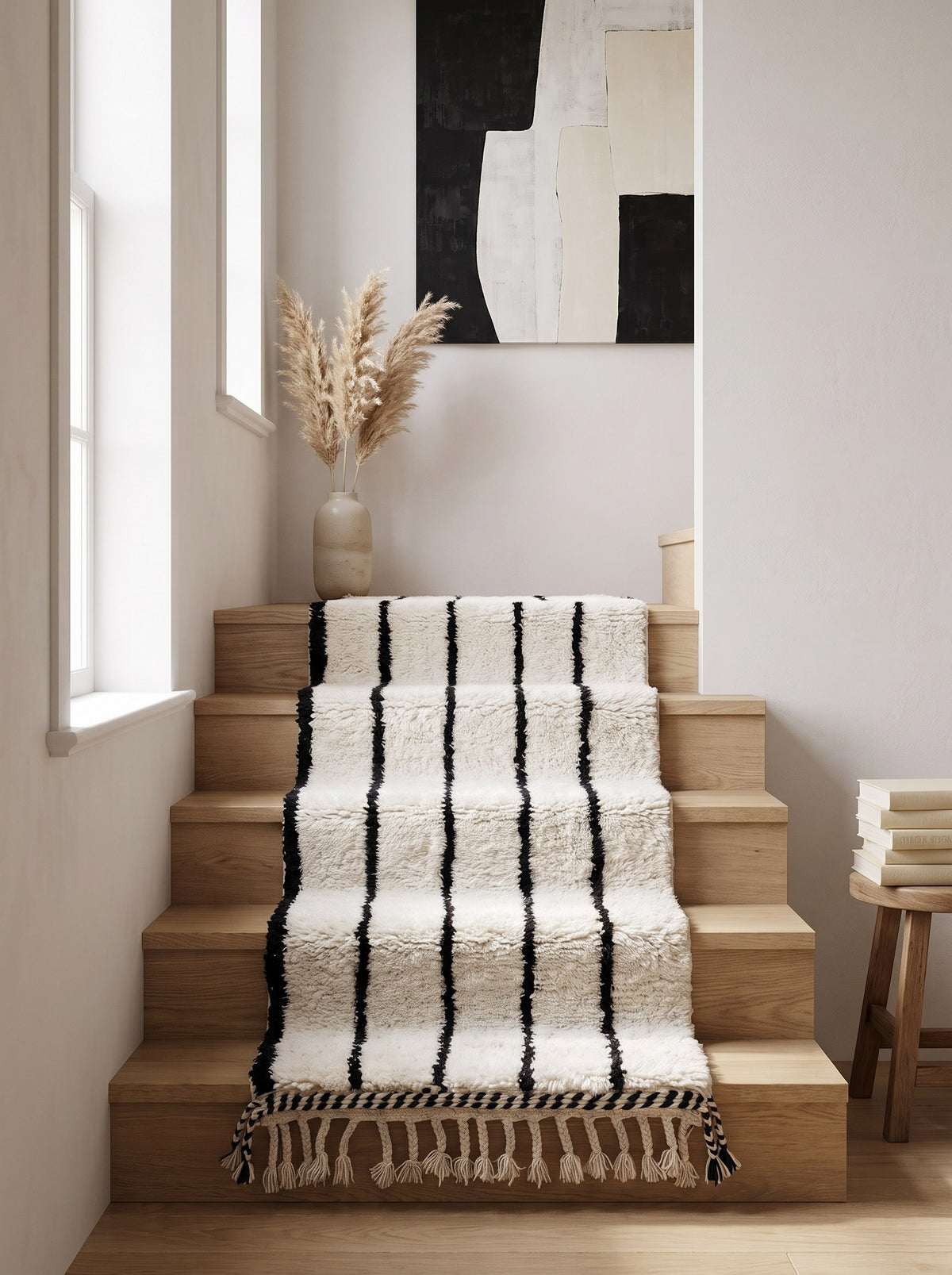 Tapis d'escalier berbère à rayures blanc et noir Iberdan sur un autre escalier, noué main au Maroc