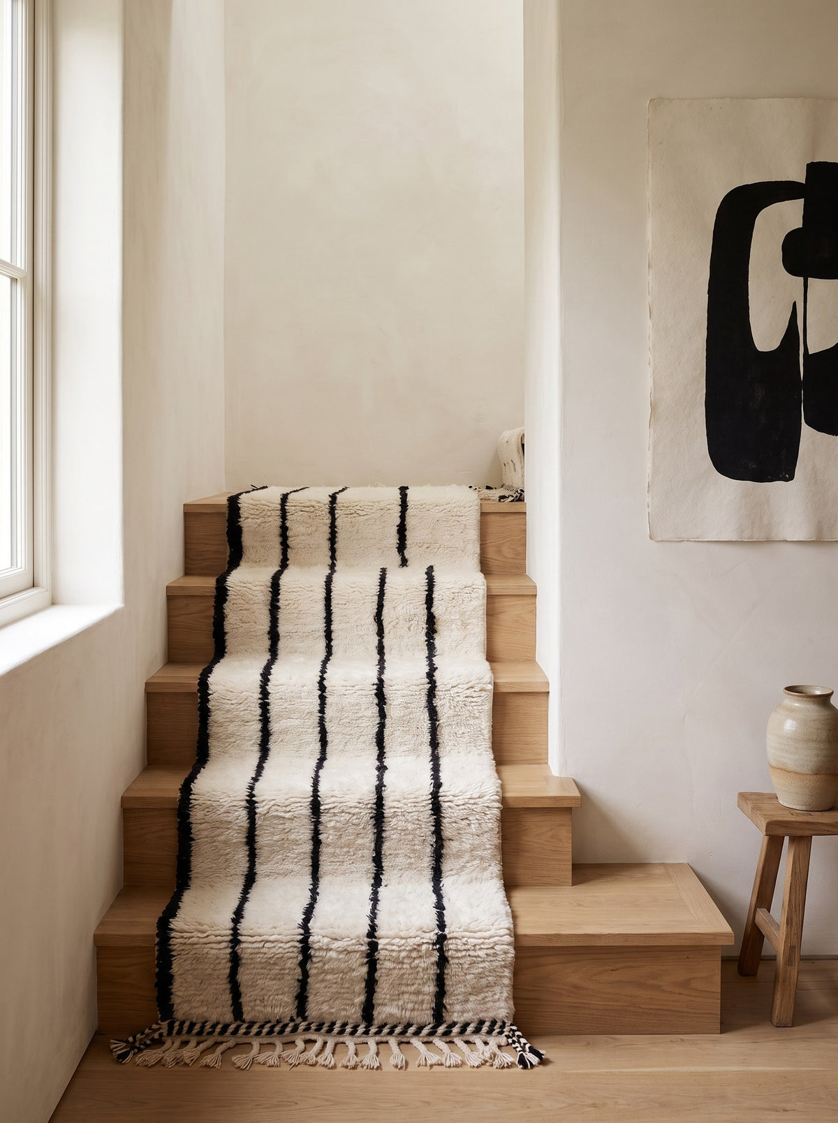 Tapis d'escalier berbère à rayures blanc et noir Iberdan sur un troisième escalier, noué main au Maroc