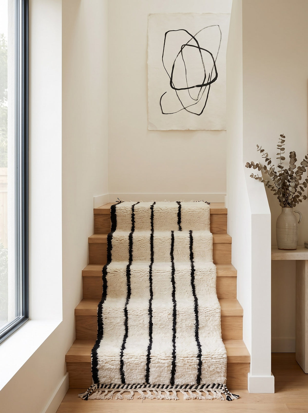 Tapis d'escalier berbère à rayures blanc et noir Iberdan sur un escalier, noué main au Maroc