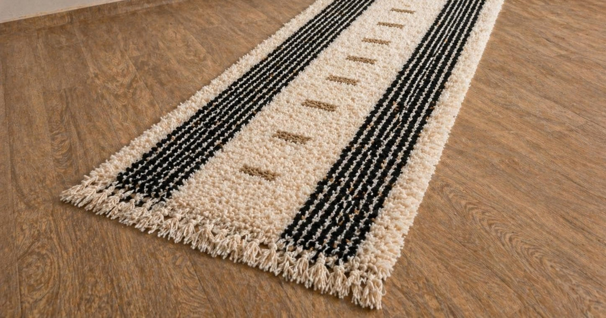 Tapis d'escalier berbère à rayures blanc et noir Tallunt posé au sol vu en biais, noué main au Maroc