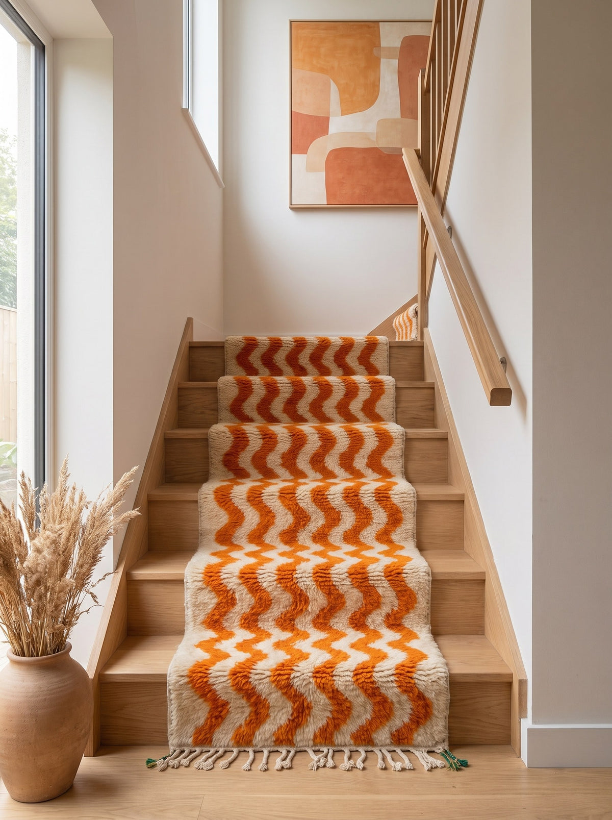 Tapis d'escalier berbère à rayures orange et blanc Loumzal sur un autre escalier, noué main au Maroc