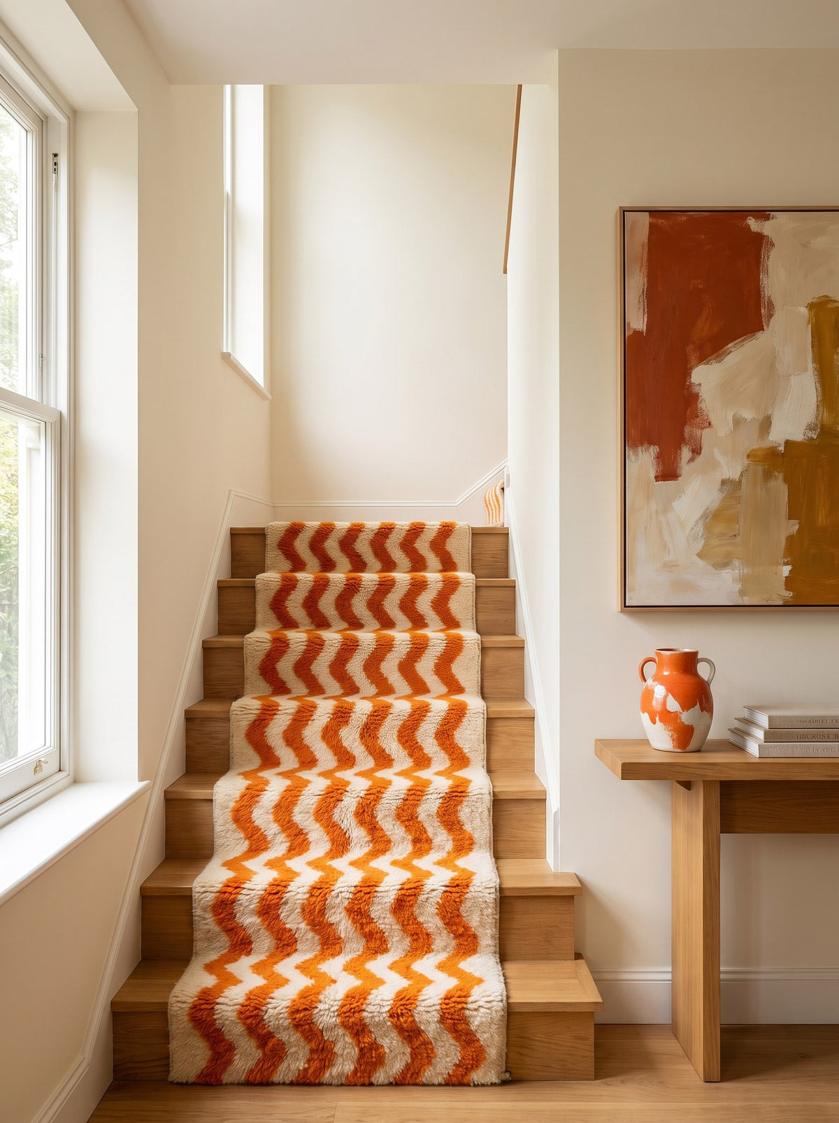 Tapis d'escalier berbère à rayures orange et blanc Loumzal sur un escalier, noué main au Maroc