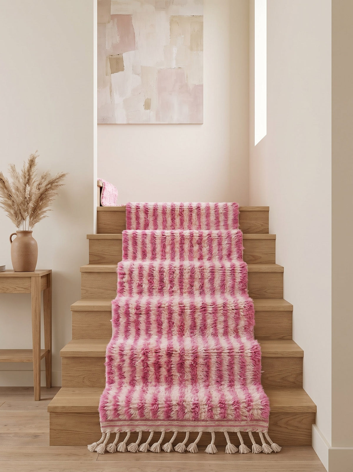 Tapis d'escalier berbère à rayures rose et blanc Mirleft sur un autre escalier, noué main au Maroc