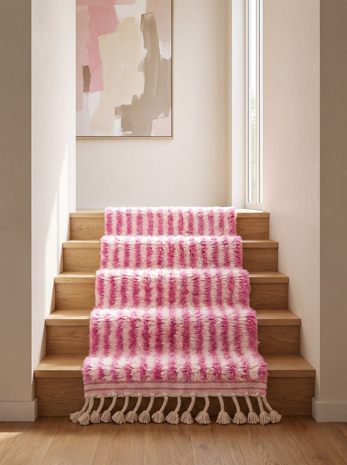 Tapis d'escalier berbère à rayures rose et blanc Mirleft sur un escalier, noué main au Maroc