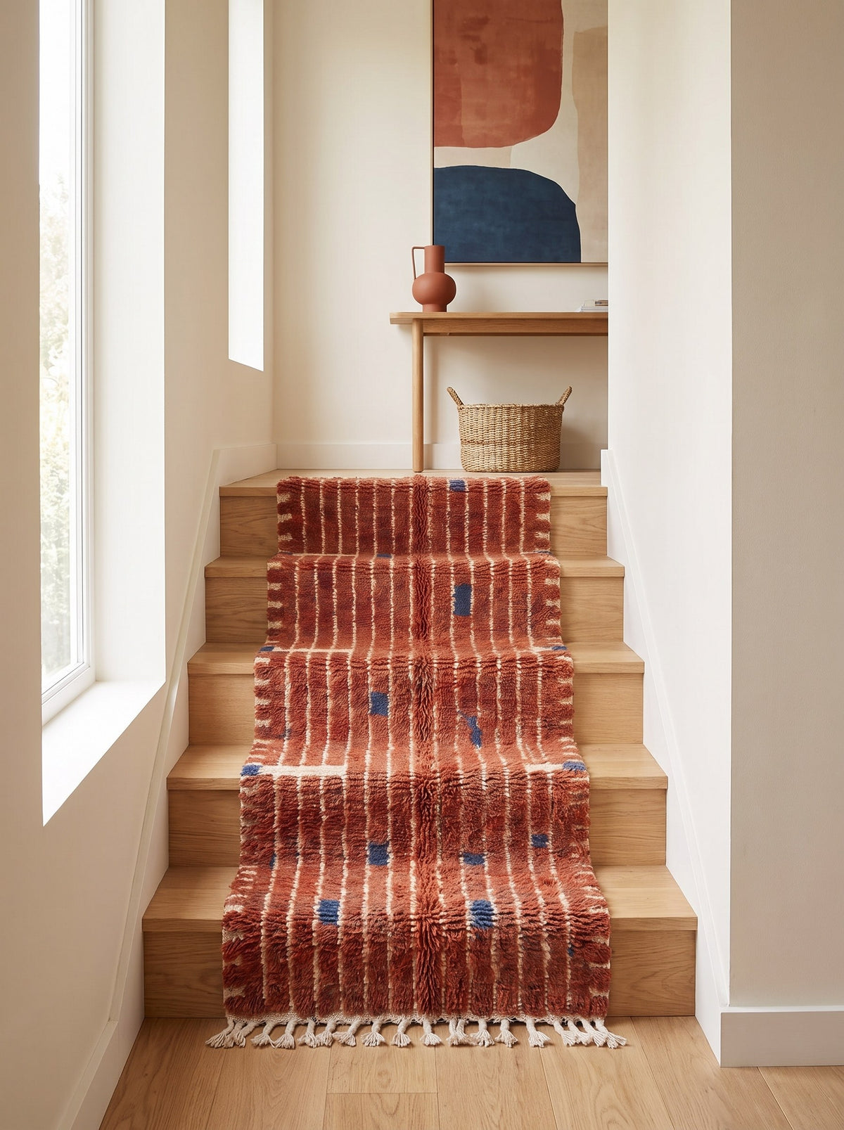 Tichka Berber stair runner with terracotta stripes on another staircase, hand-knotted in Morocco