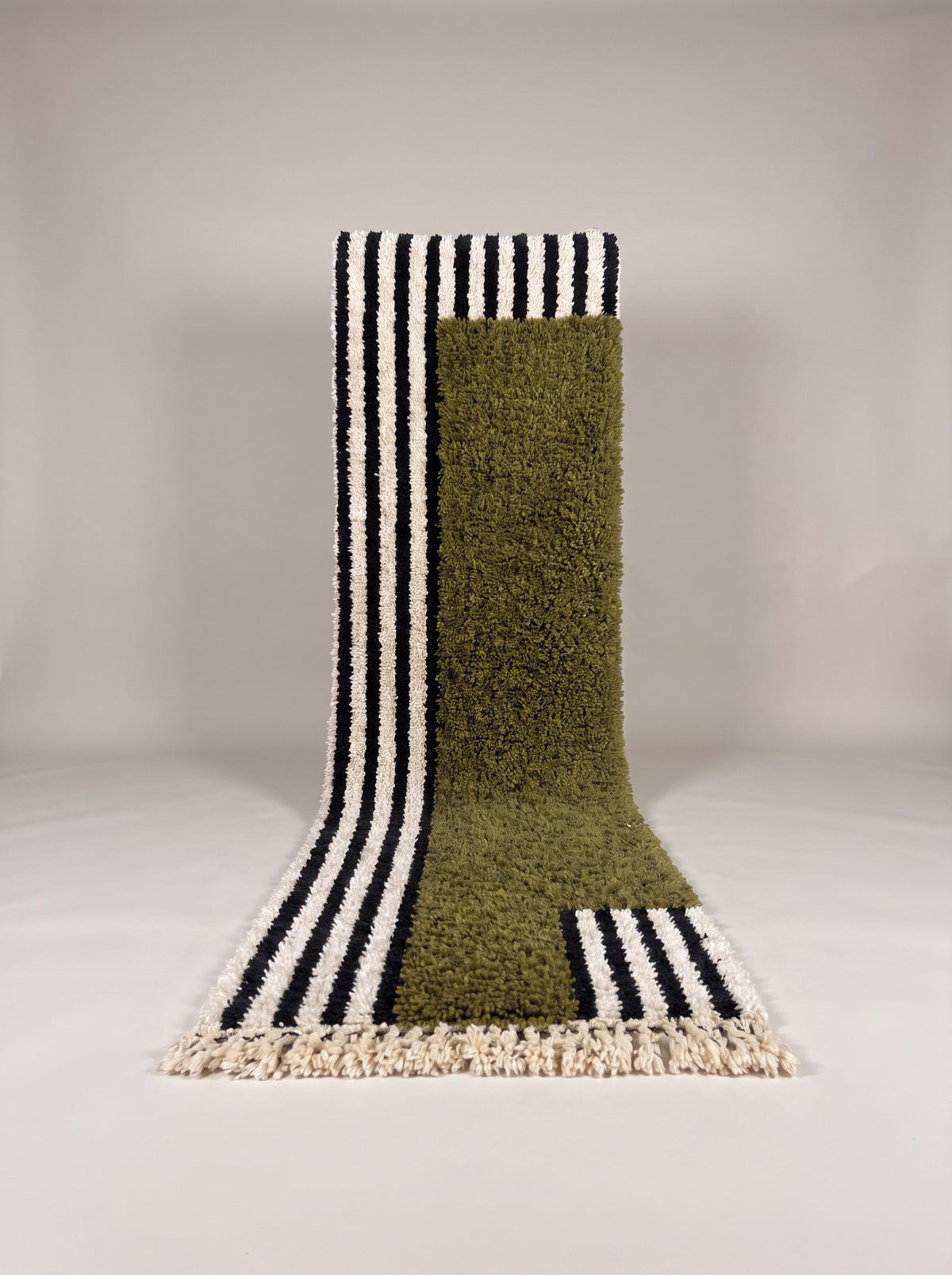 Tanuwar Berber stair runner, striped, in olive green, hanging, one of a kind, hand-knotted in Morocco