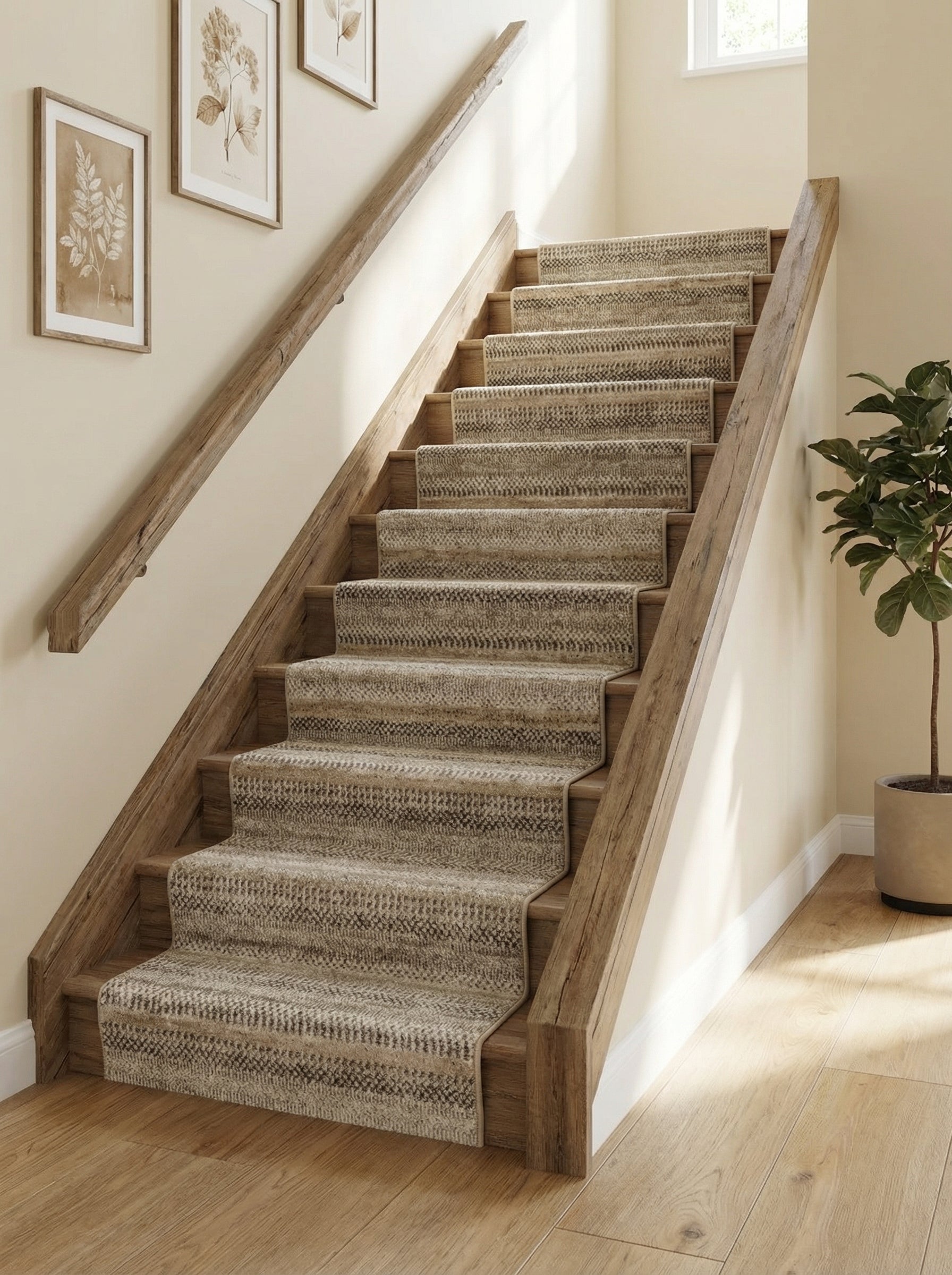 Tapis d'escalier beige et crème à motifs géométriques tissés, posé sur des marches en bois dans une entrée lumineuse