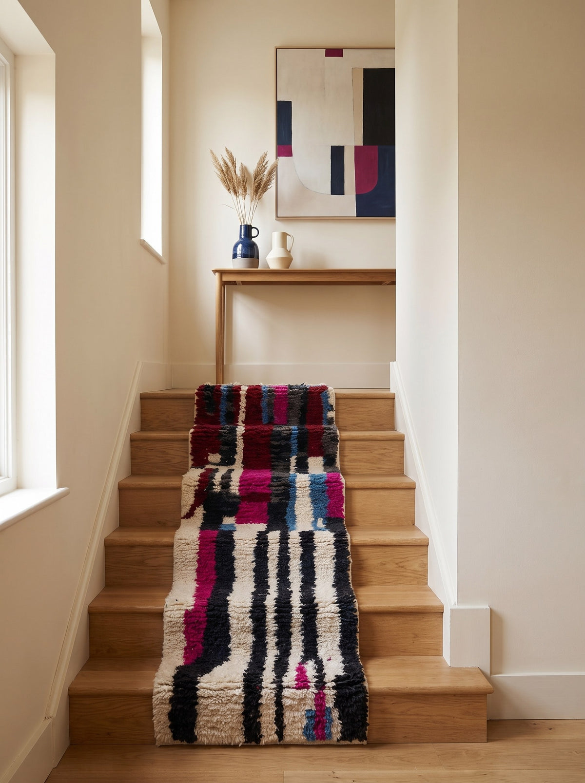 Tapis d'escalier berbère coloré noir et fuchsia Zerouan sur un autre escalier, noué main au Maroc