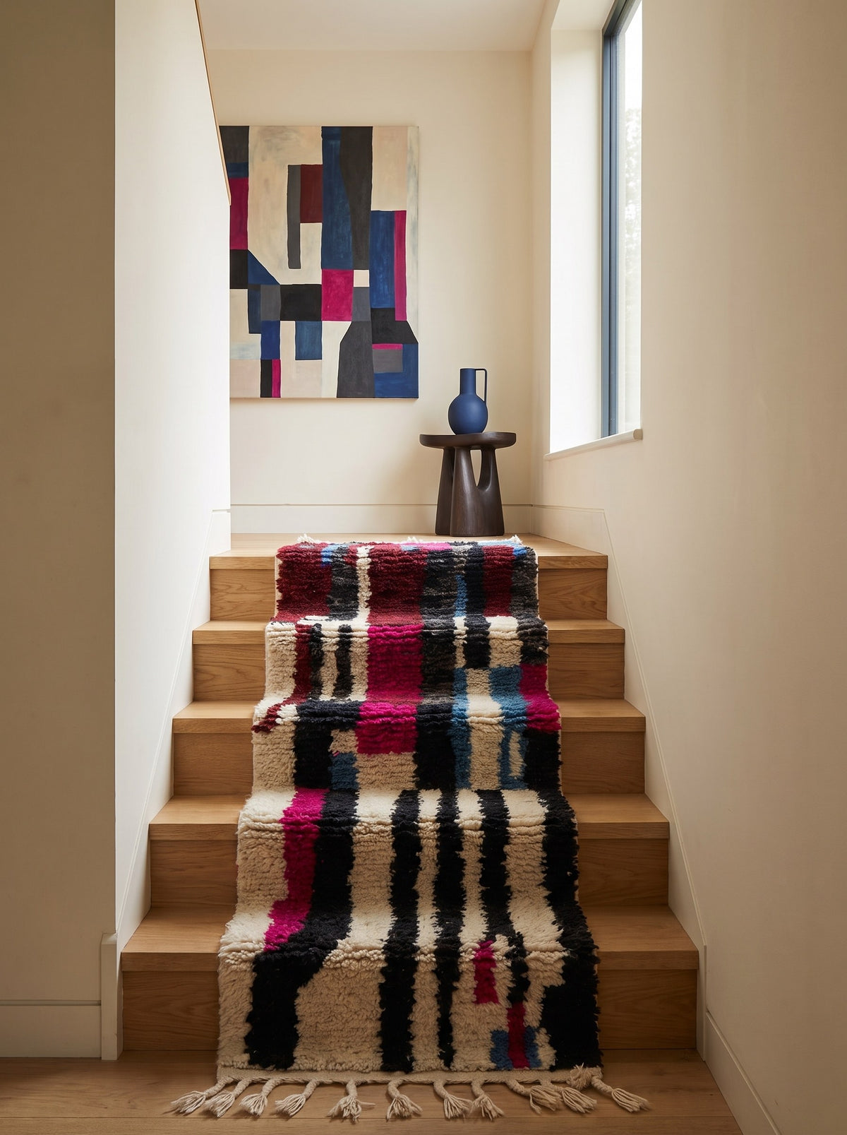 Tapis d'escalier berbère coloré noir et fuchsia Zerouan sur un escalier, noué main au Maroc
