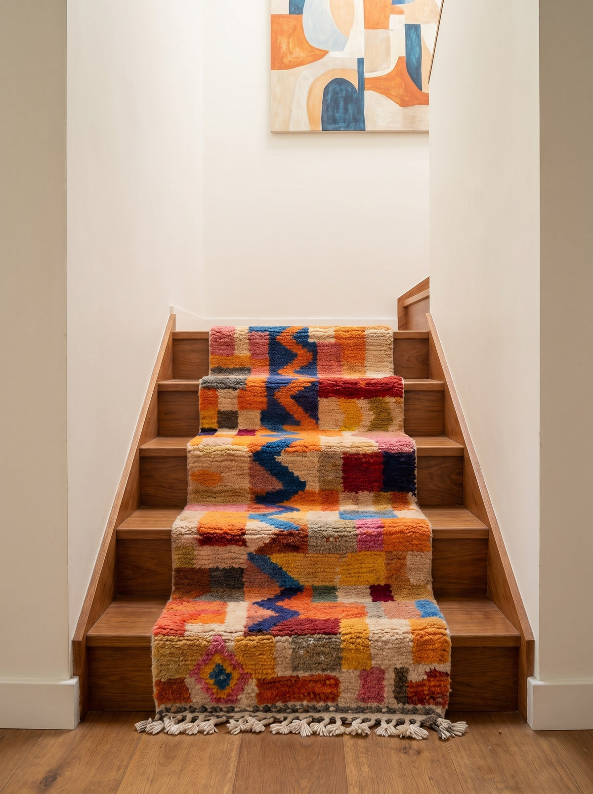Anzarane Berber stair runner, colourful, in orange and blue, on another staircase, hand-knotted in Morocco