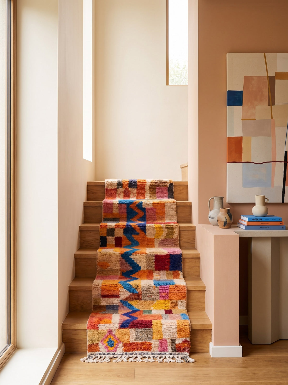 Anzarane Berber stair runner, colourful, in orange and blue, on a third staircase, hand-knotted in Morocco