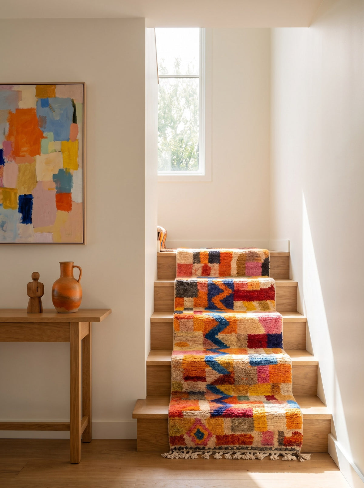 Anzarane Berber stair runner, colourful, in orange and blue, on a staircase, hand-knotted in Morocco