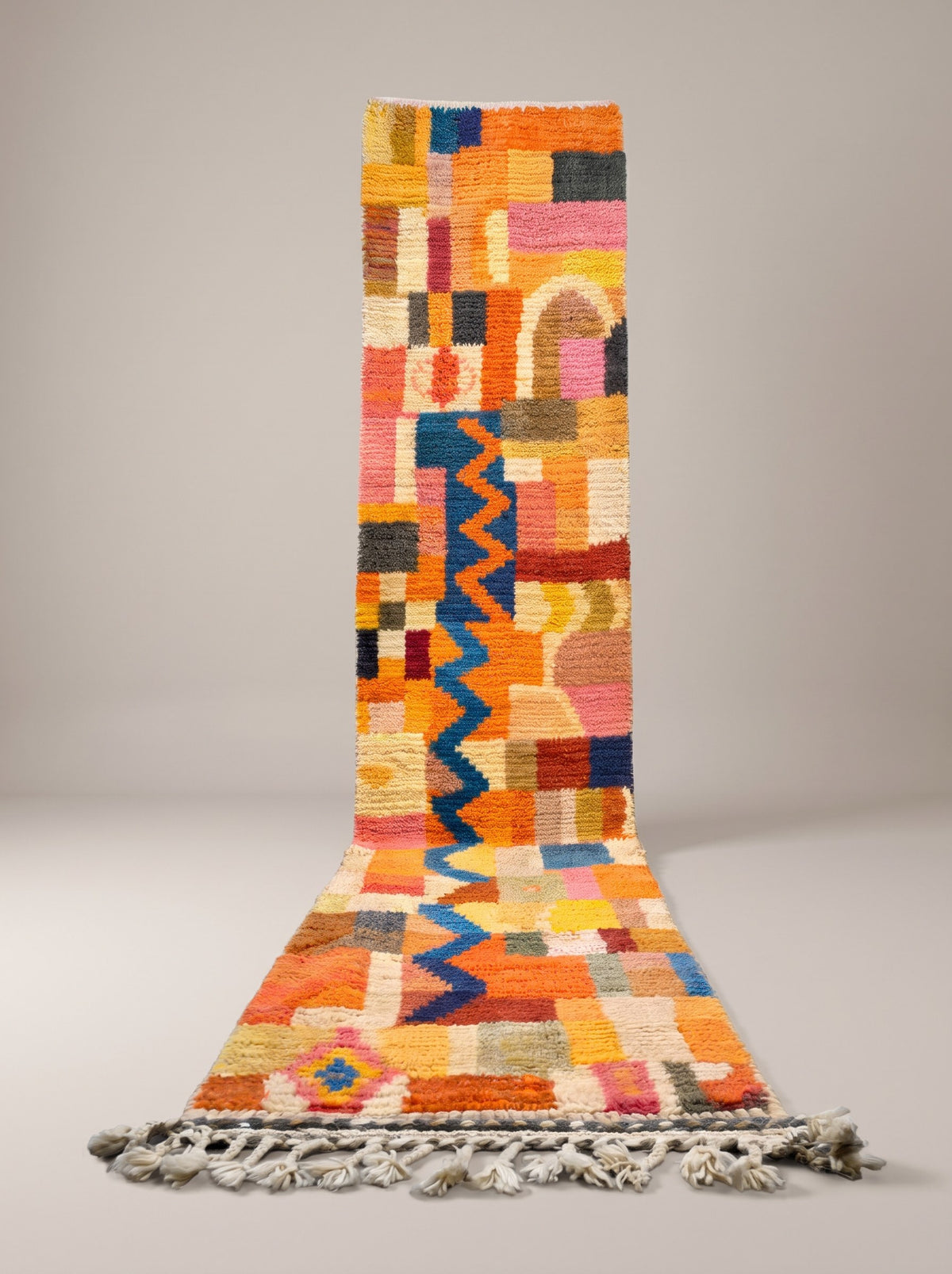 Anzarane Berber stair runner, colourful, in orange and blue, hanging, one of a kind, hand-knotted in Morocco