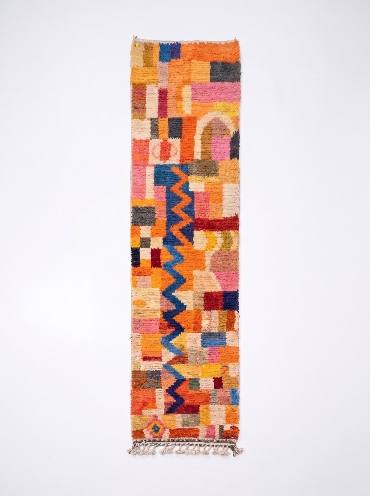 Anzarane Berber stair runner, colourful, in orange and blue, laid flat, patchwork runner of small orange blocks