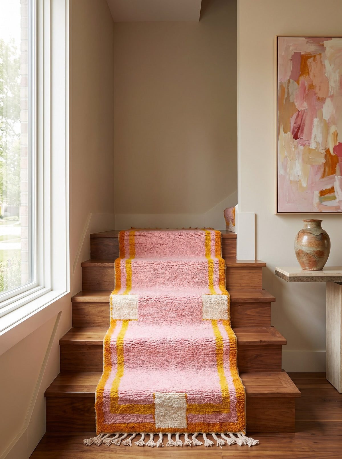 Berkane colourful Berber stair runner in pink, on another staircase, hand-knotted in Morocco