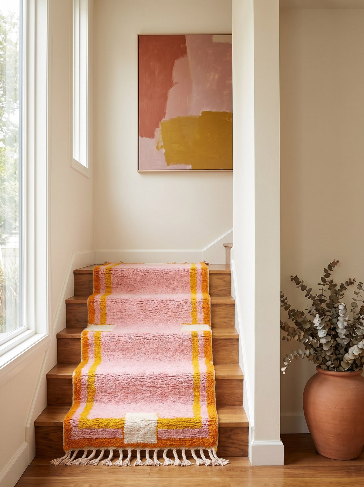 Berkane colourful Berber stair runner in pink, on a staircase, hand-knotted in Morocco