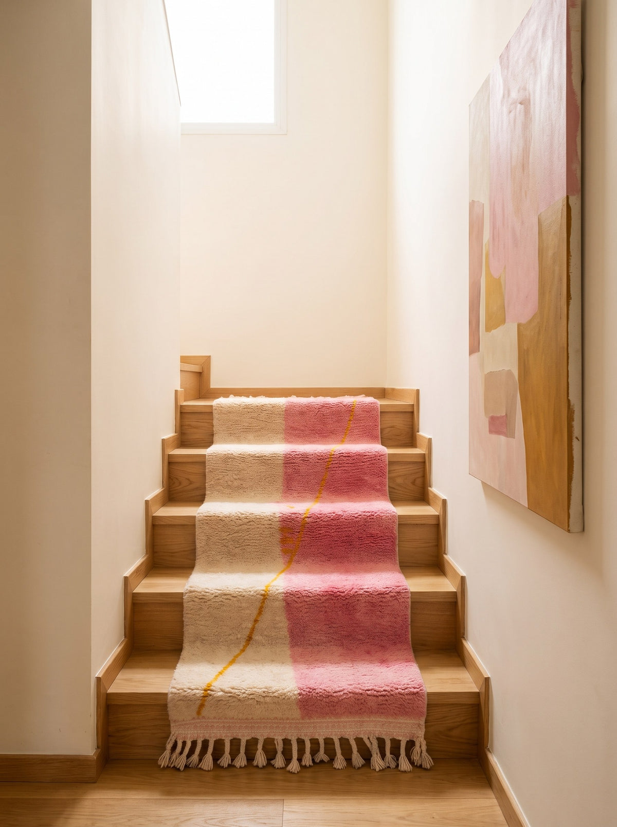 Tapis d'escalier berbère coloré rose et blanc Tanmila sur un troisième escalier, noué main au Maroc