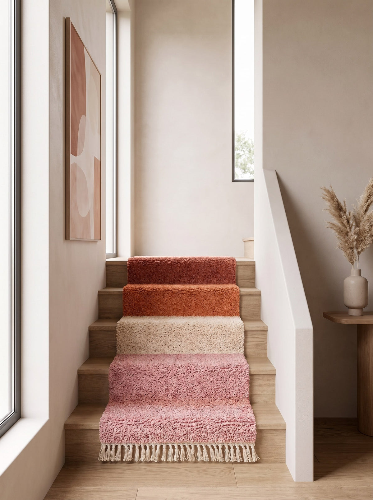 Berber-Treppenläufer Mayyu, farbenfroh in Rosa und Orange, auf einer dritten Treppe, handgeknüpft in Marokko