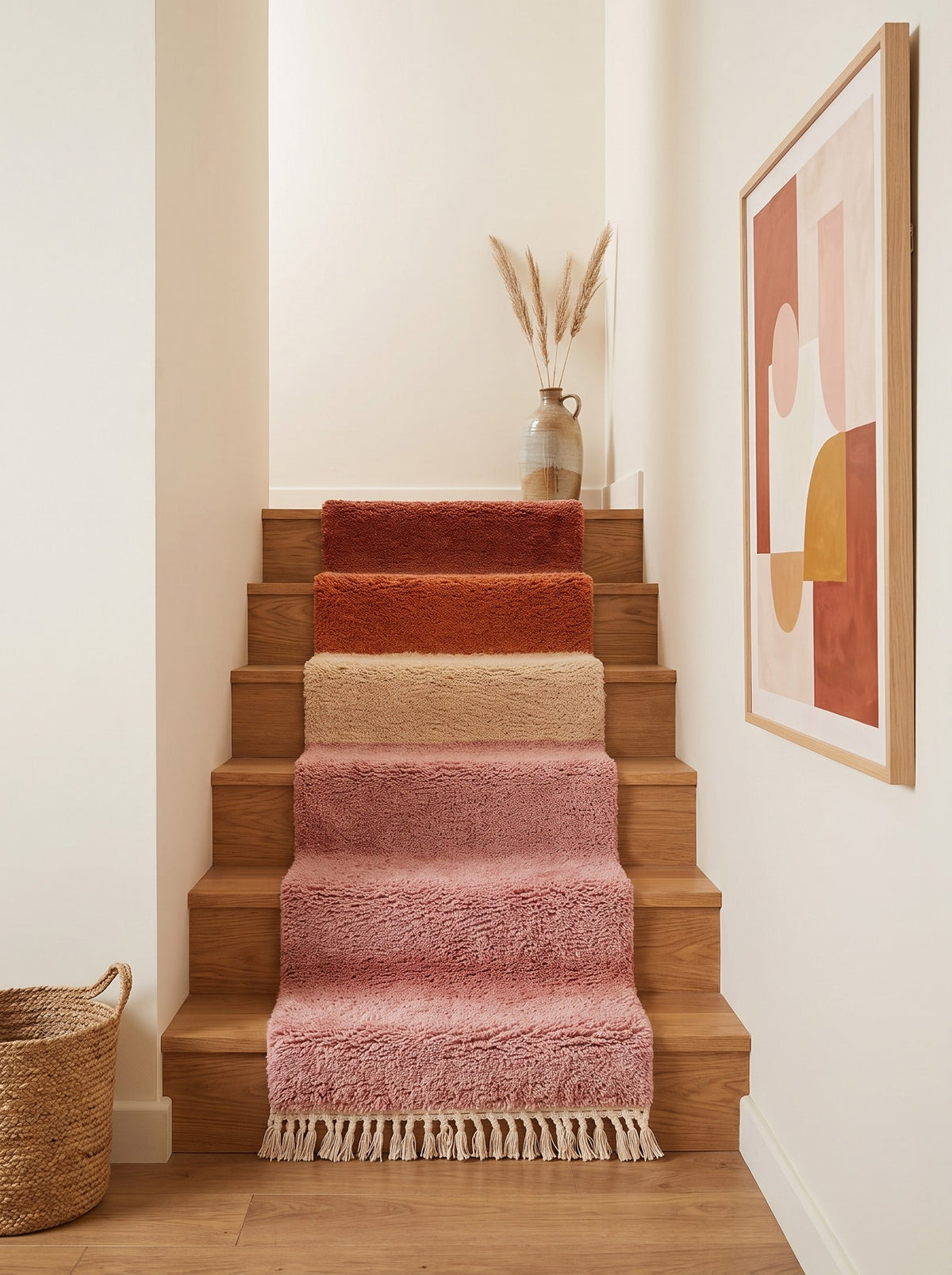 Tapis d'escalier berbère coloré rose et orange Mayyu sur un escalier, noué main au Maroc