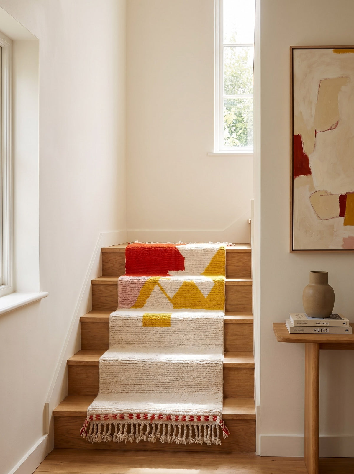 Tapis d'escalier berbère coloré rouge et jaune Farsia sur un autre escalier, noué main au Maroc