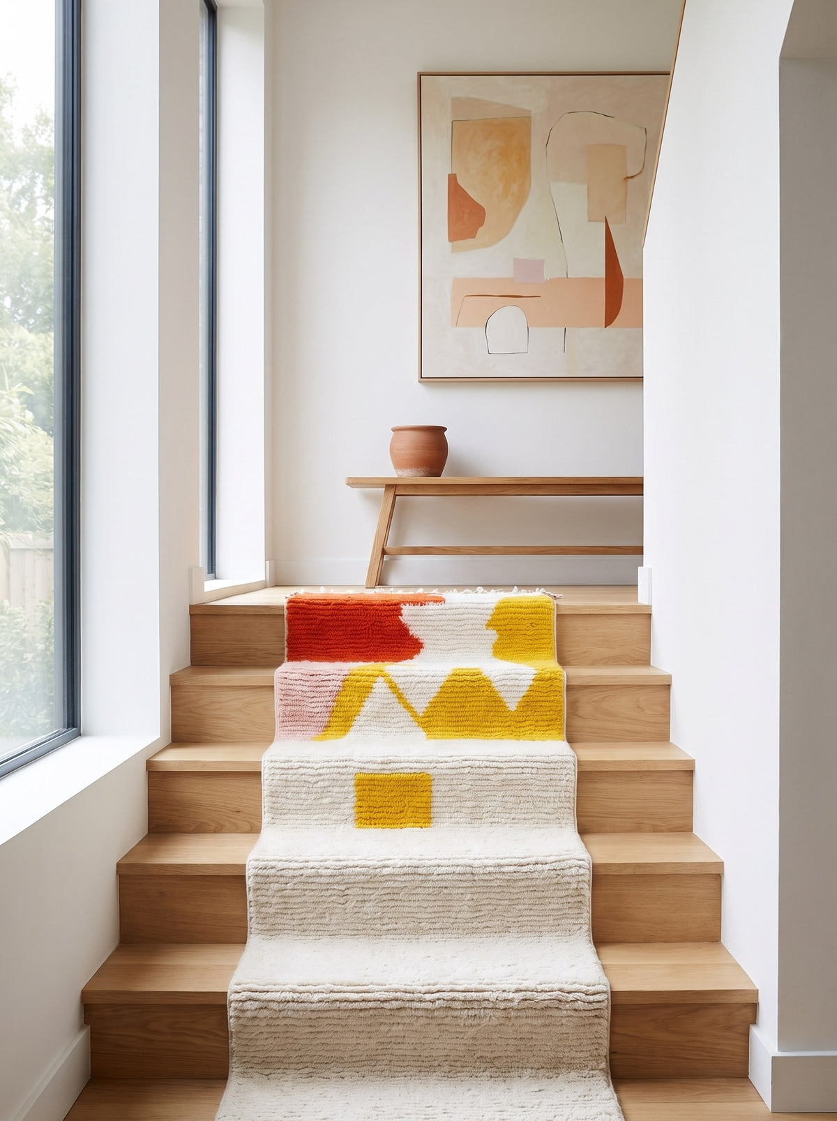 Tapis d'escalier berbère coloré rouge et jaune Farsia sur un troisième escalier, noué main au Maroc