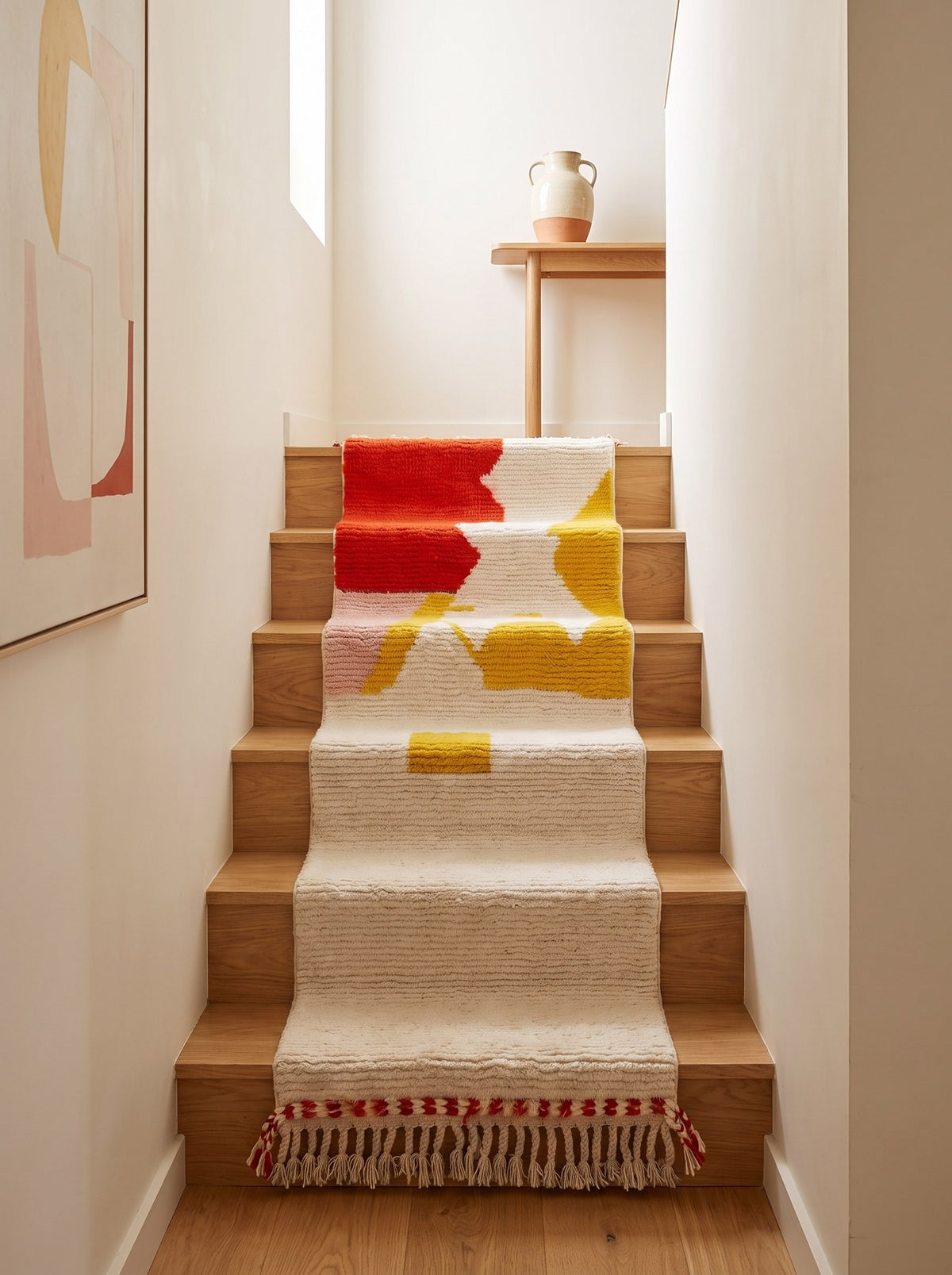 Tapis d'escalier berbère coloré rouge et jaune Farsia sur un escalier, noué main au Maroc