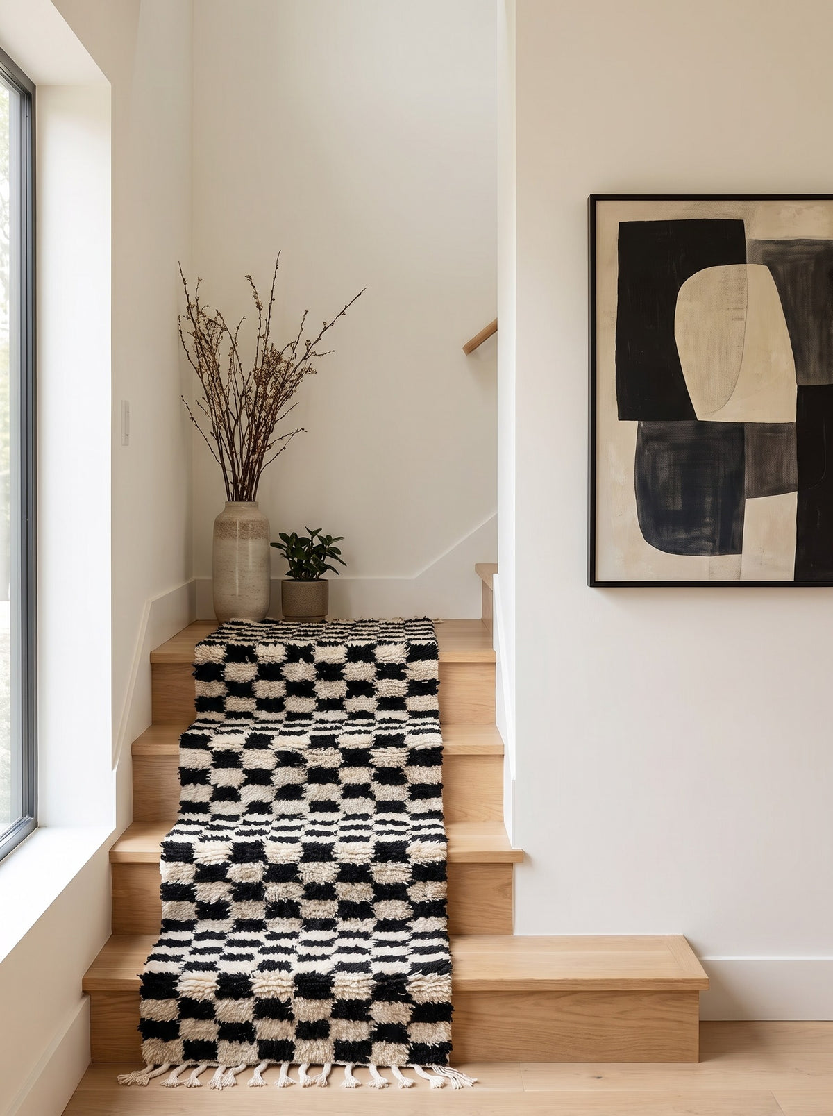 Tapis d'escalier berbère damier noir et blanc Lemzoun sur un autre escalier, noué main au Maroc