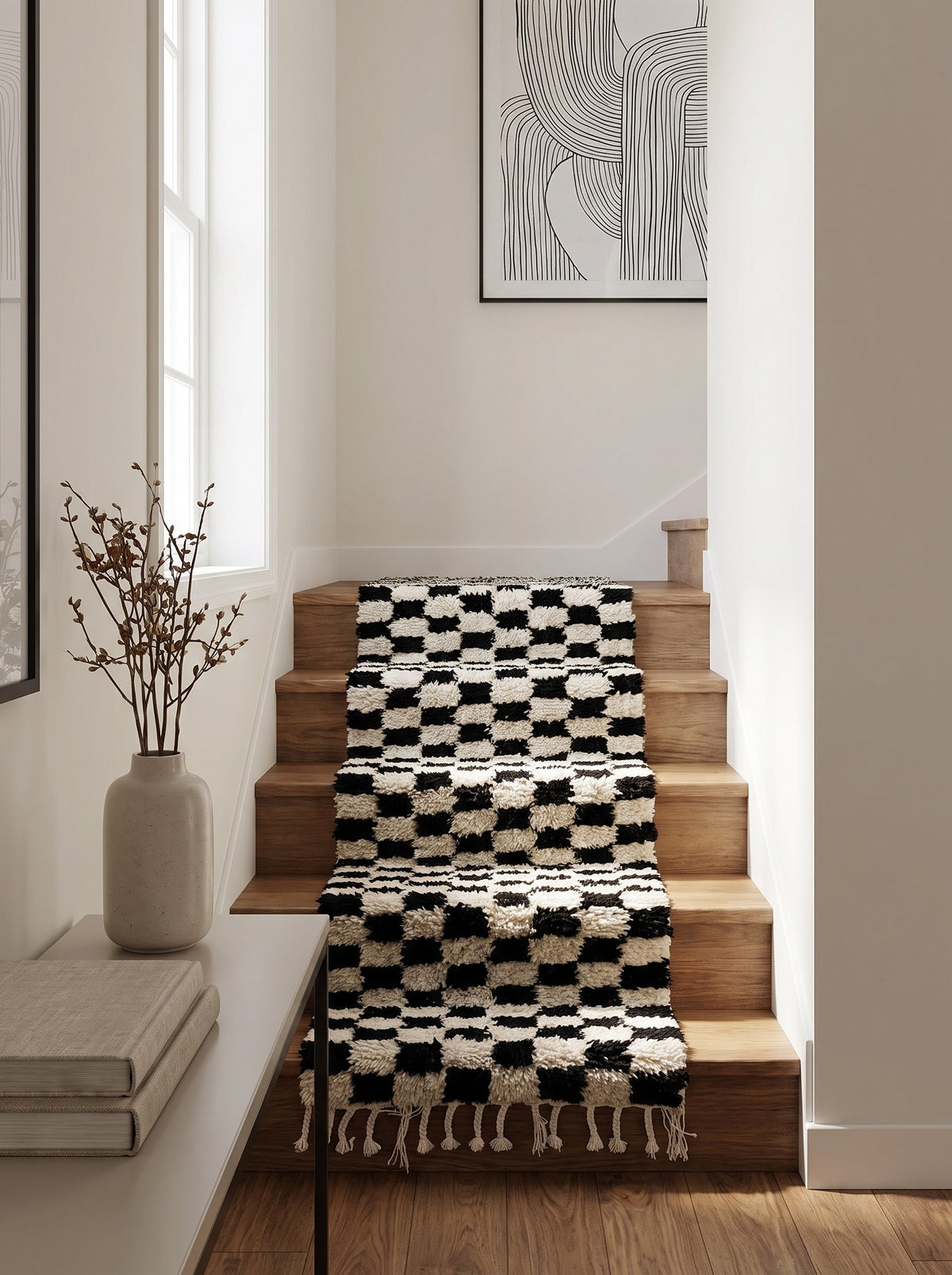 Tapis d'escalier berbère damier noir et blanc Lemzoun sur un troisième escalier, noué main au Maroc