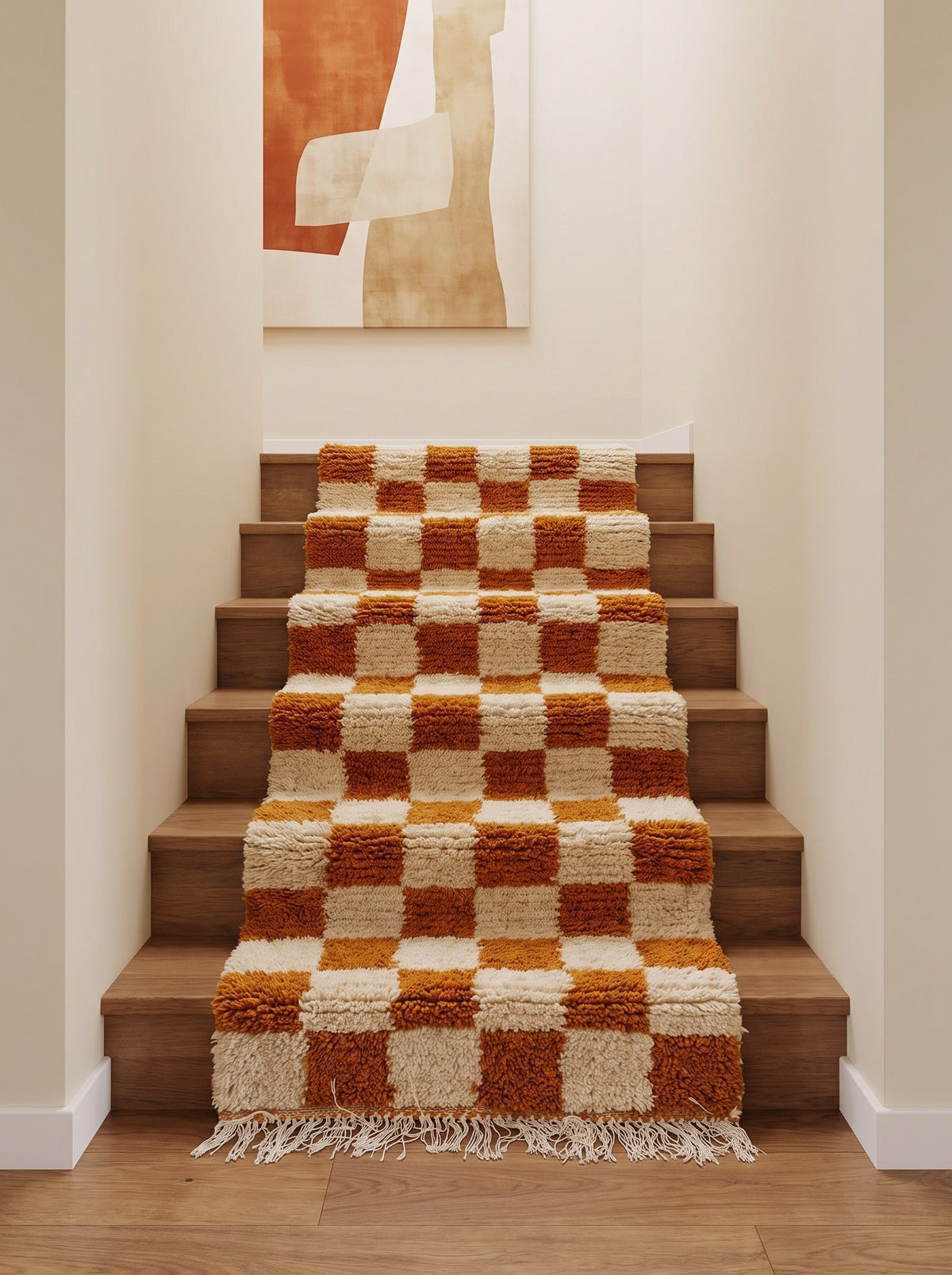 Tapis d'escalier berbère damier rouille et blanc Semdir sur un escalier, noué main au Maroc