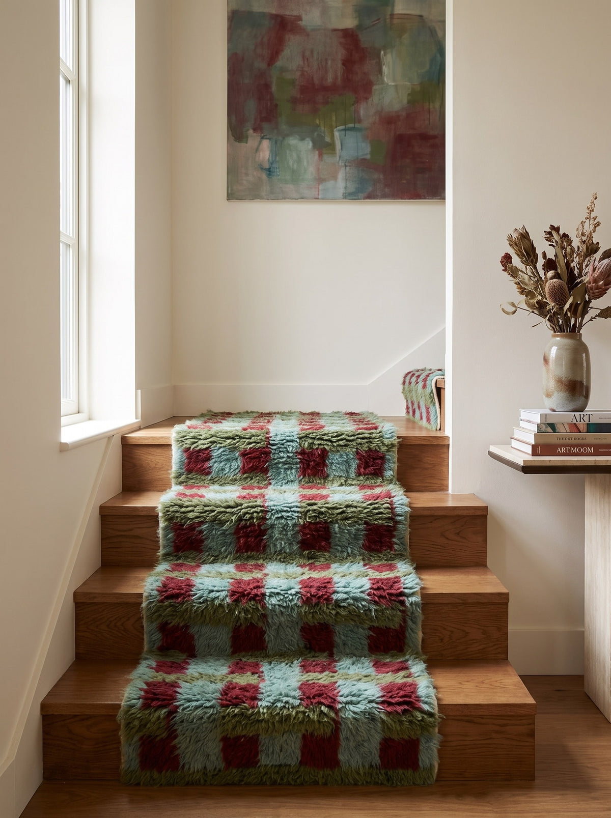 Tapis d'escalier berbère damier vert et bordeaux Oualidia sur un autre escalier, noué main au Maroc