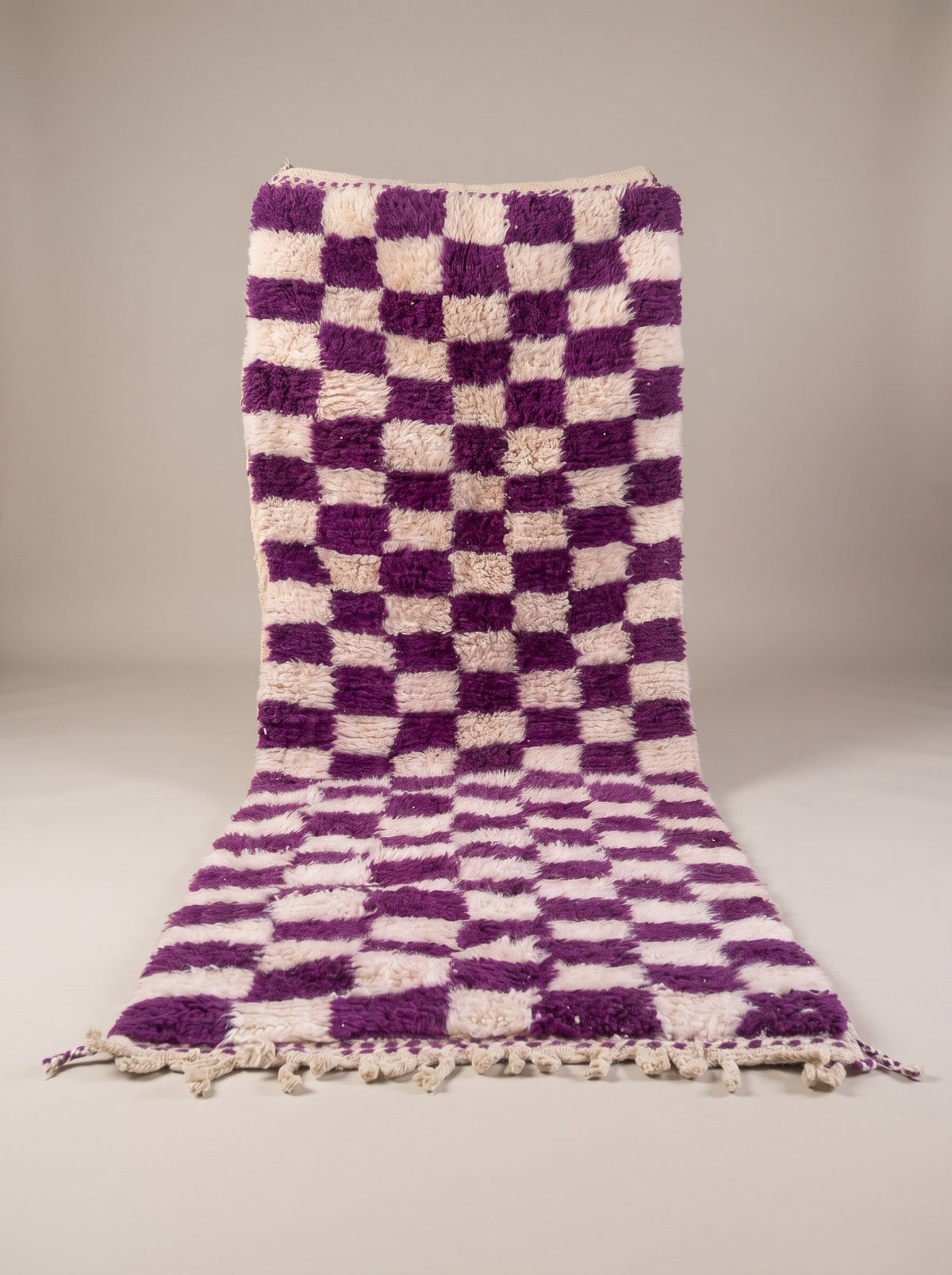 Zerrouka Berber stair runner, chequered, in purple, hanging, one of a kind, hand-knotted in Morocco