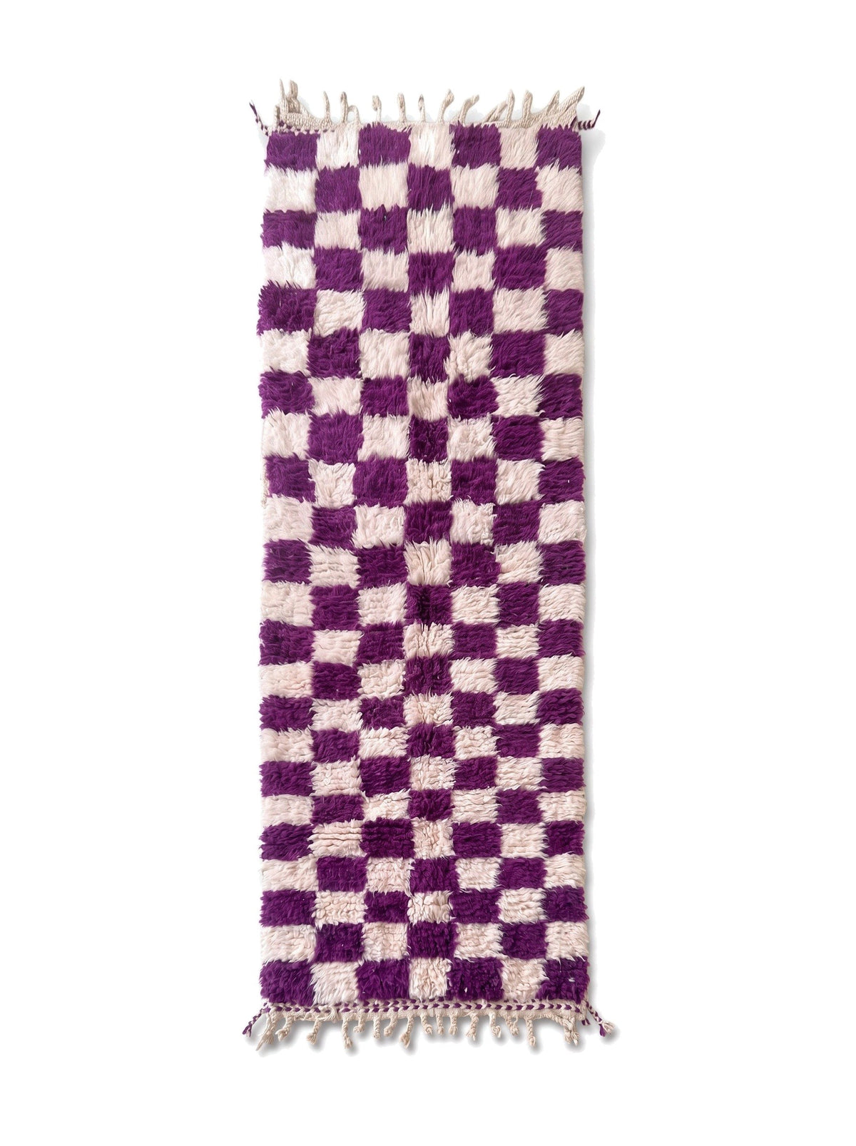 Zerrouka Berber stair runner, chequered, in purple, laid flat, runner with long dense pile, regular purple and ecru chequerboard