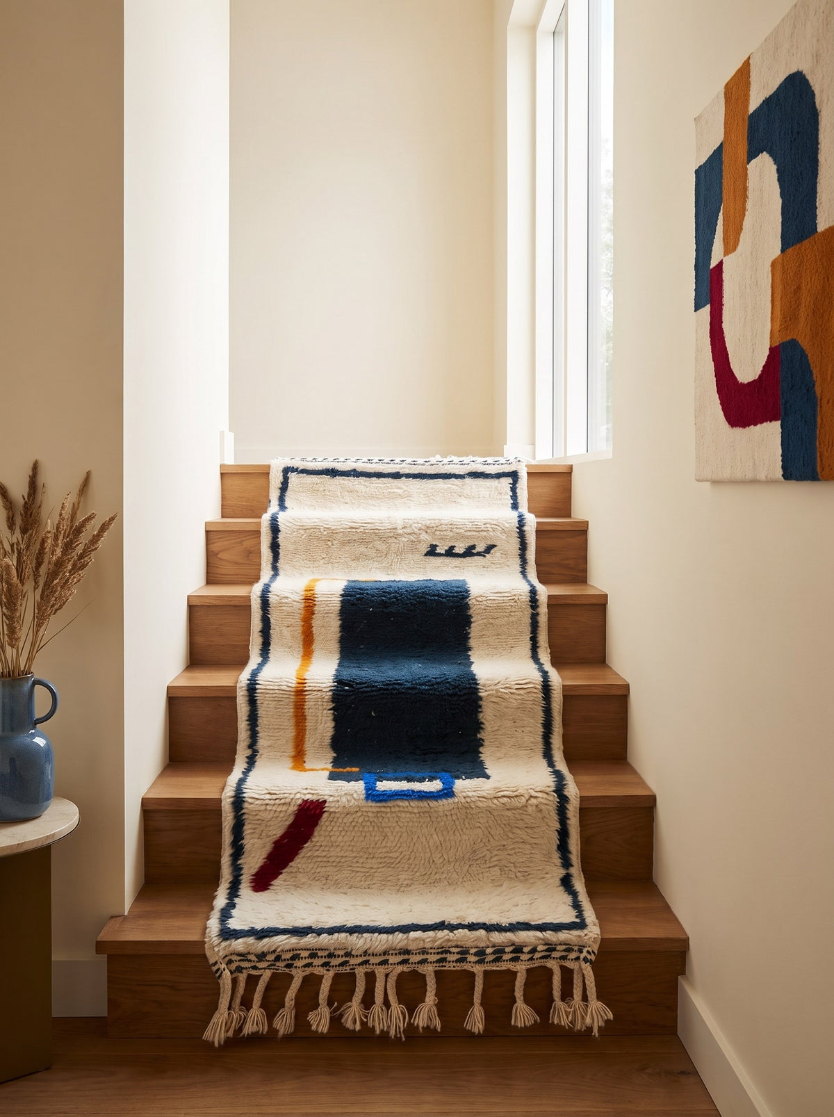 Tapis d'escalier berbère graphique blanc et bleu Bouregreg sur un autre escalier, noué main au Maroc